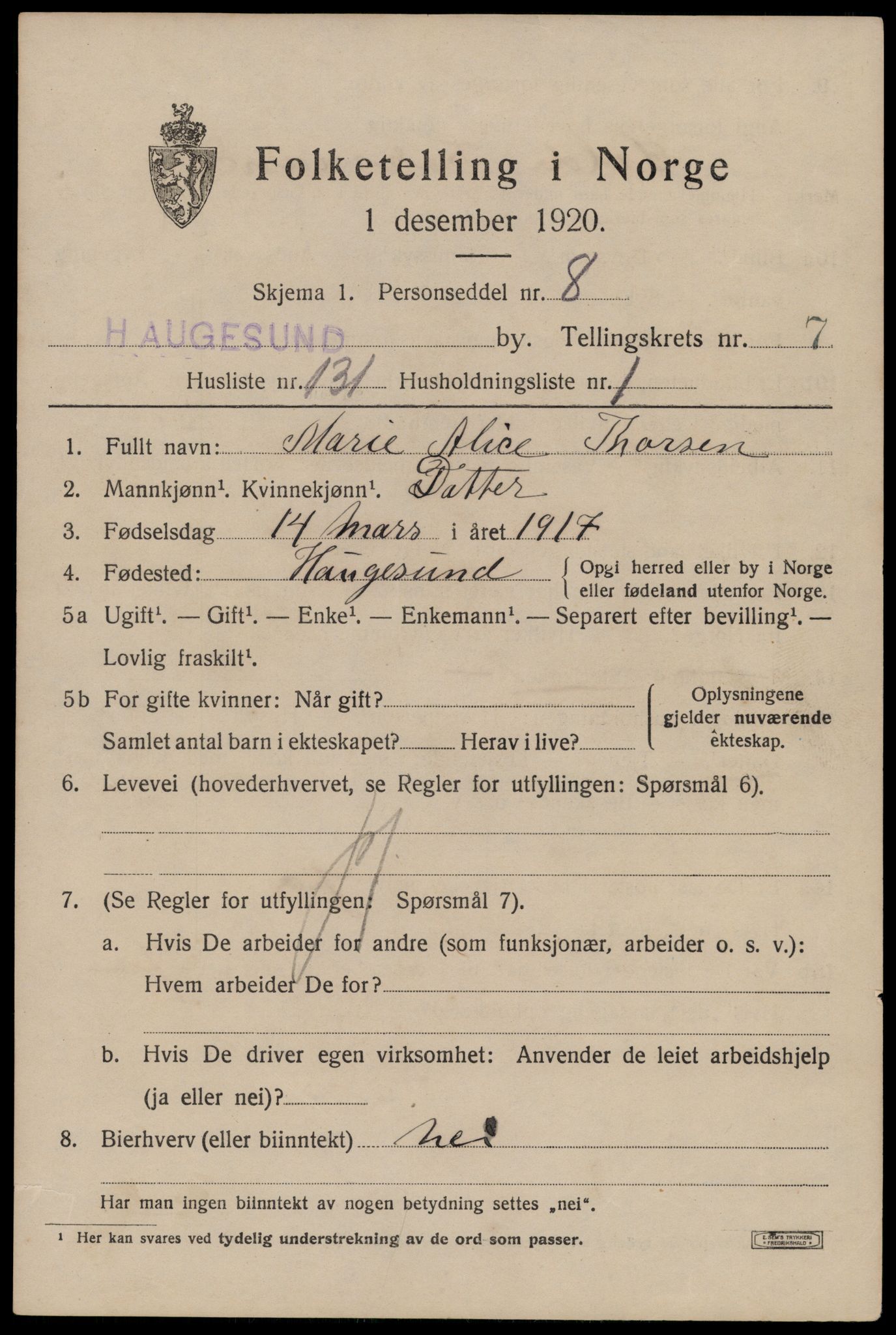 SAST, 1920 census for Haugesund, 1920, p. 27431