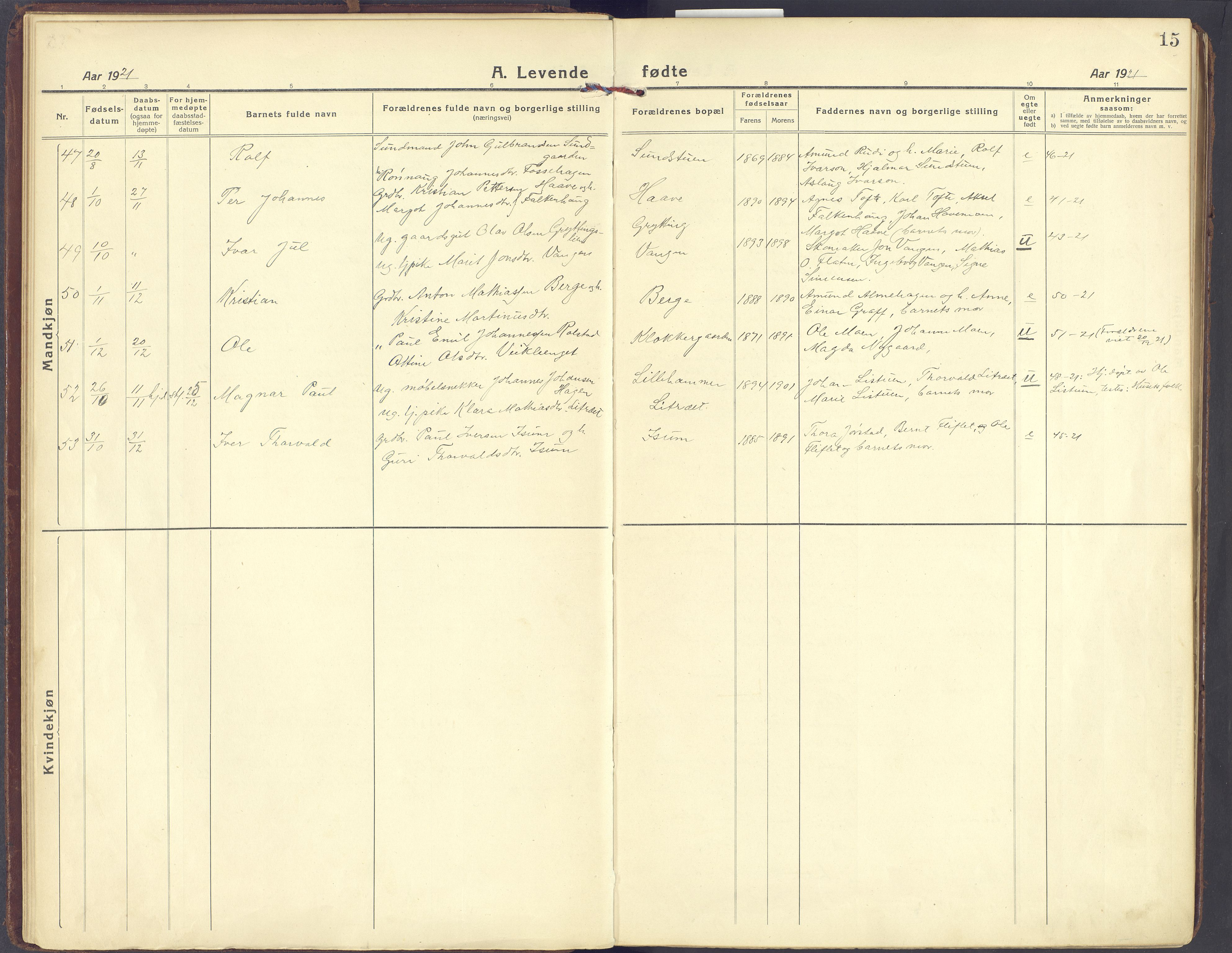 Sør-Fron prestekontor, SAH/PREST-010/H/Ha/Haa/L0005: Parish register (official) no. 5, 1920-1933, p. 15