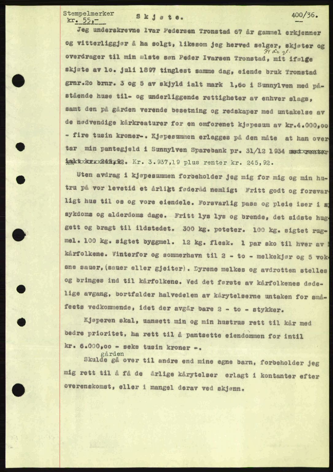 Nordre Sunnmøre sorenskriveri, AV/SAT-A-0006/1/2/2C/2Ca: Mortgage book no. A1, 1936-1936, Diary no: : 400/1936