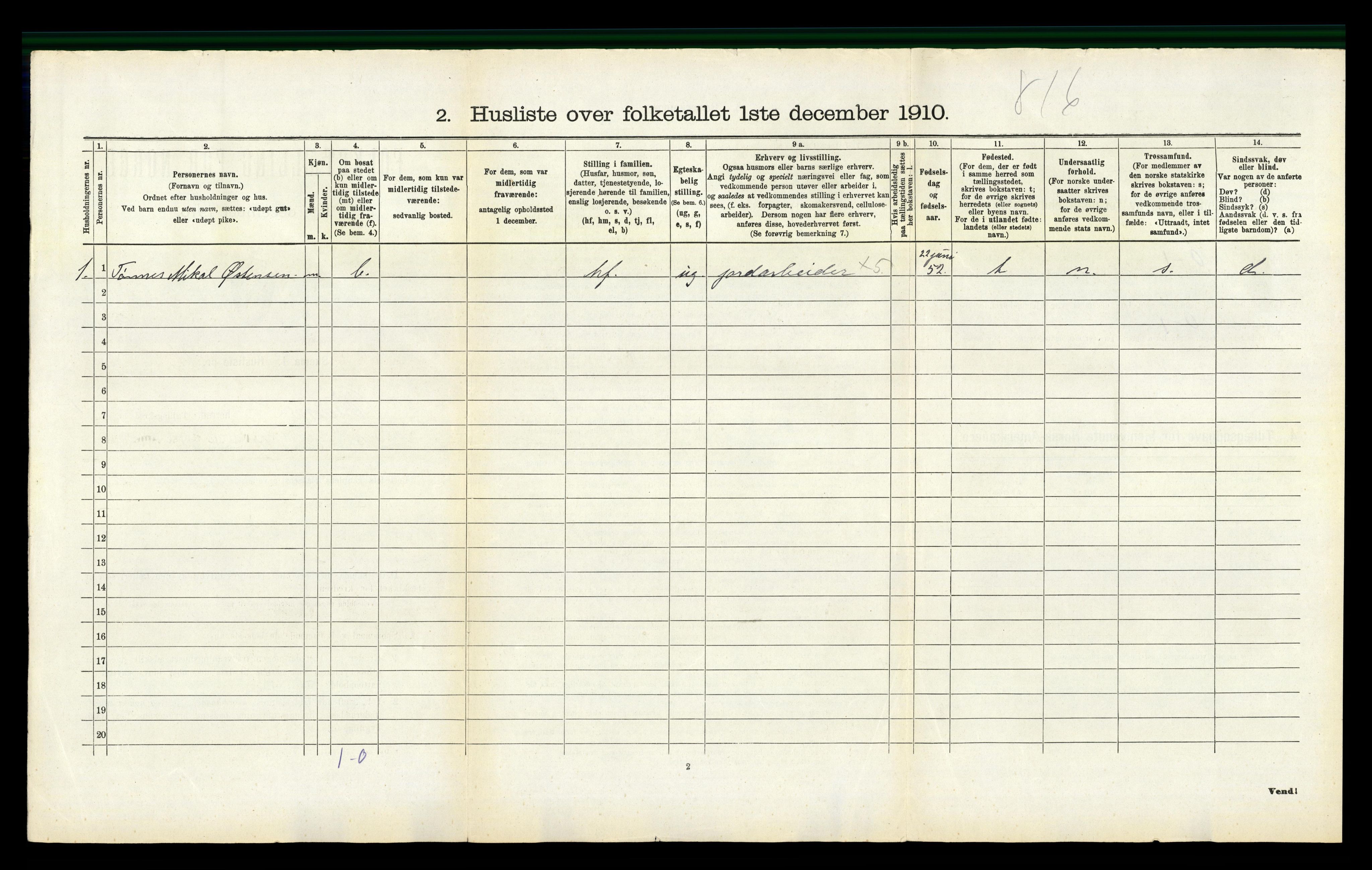 RA, 1910 census for Vanse, 1910, p. 460