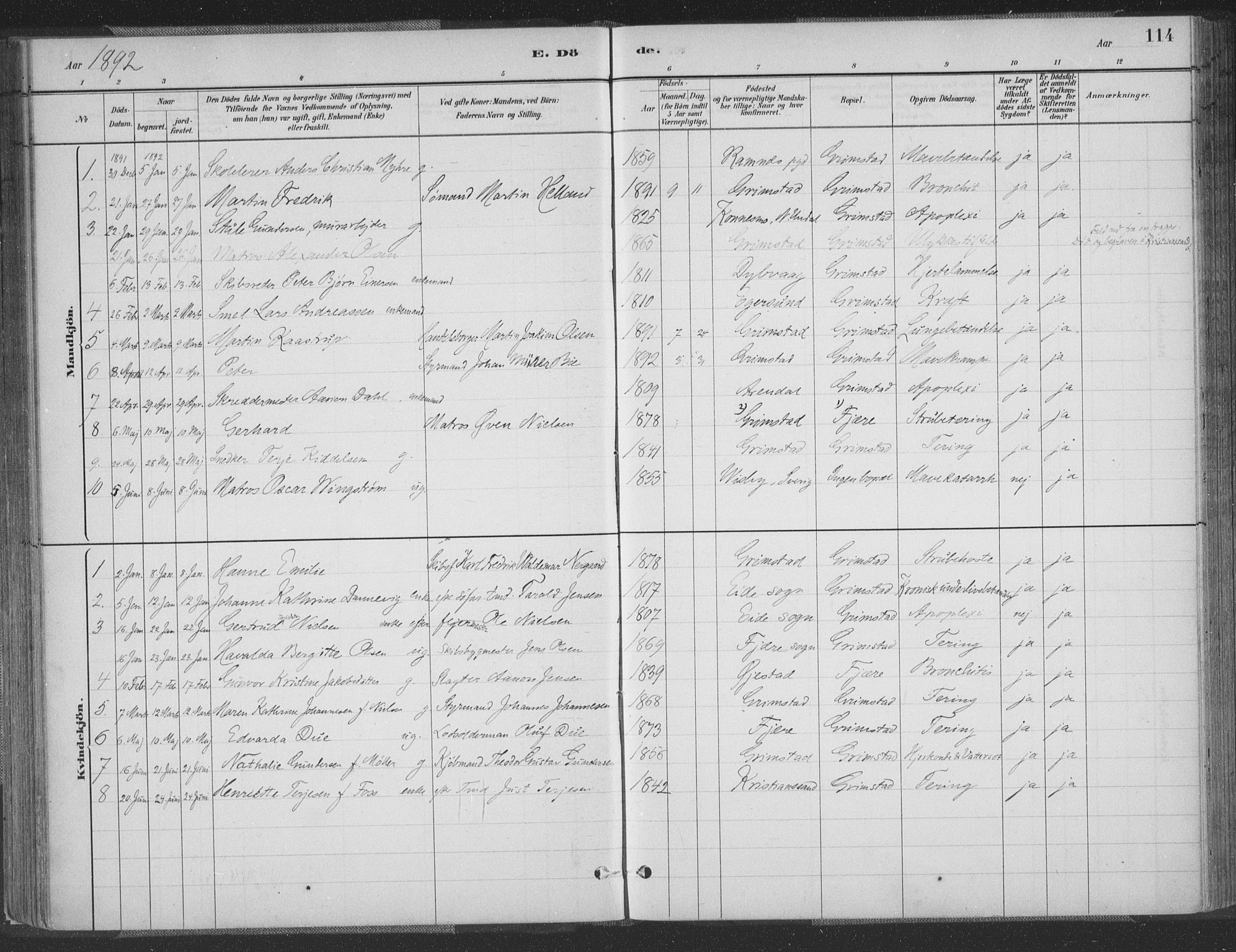 Grimstad sokneprestkontor, AV/SAK-1111-0017/F/Fa/L0004: Parish register (official) no. A 3, 1882-1910, p. 114