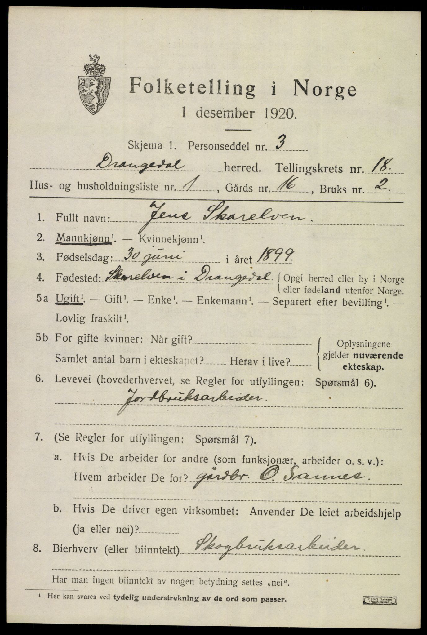 SAKO, 1920 census for Drangedal, 1920, p. 8307