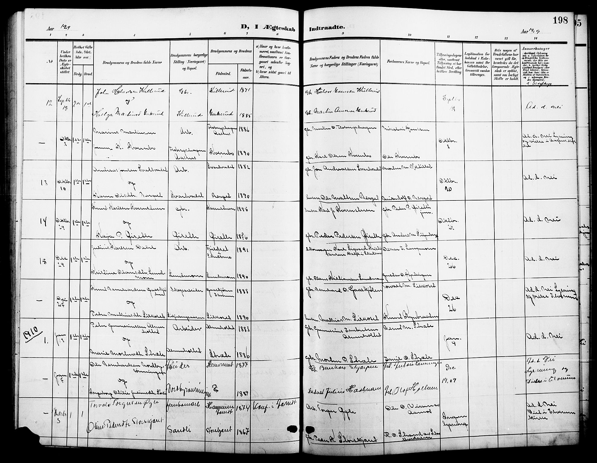Våler prestekontor, Hedmark, SAH/PREST-040/H/Ha/Hab/L0002: Parish register (copy) no. 2, 1905-1915, p. 198