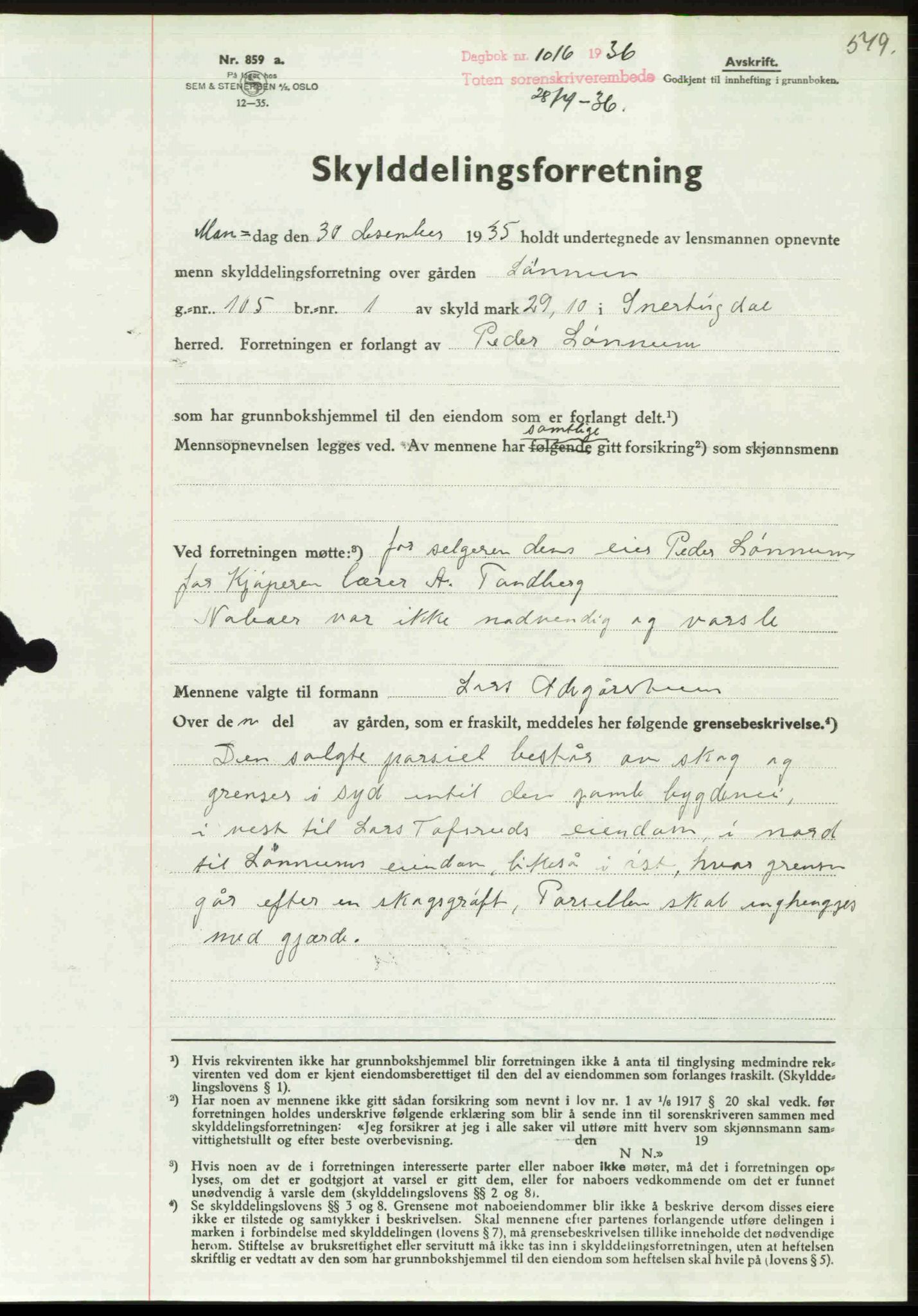 Toten tingrett, AV/SAH-TING-006/H/Hb/Hbc/L0001: Mortgage book no. Hbc-01, 1936-1936, Diary no: : 1016/1936