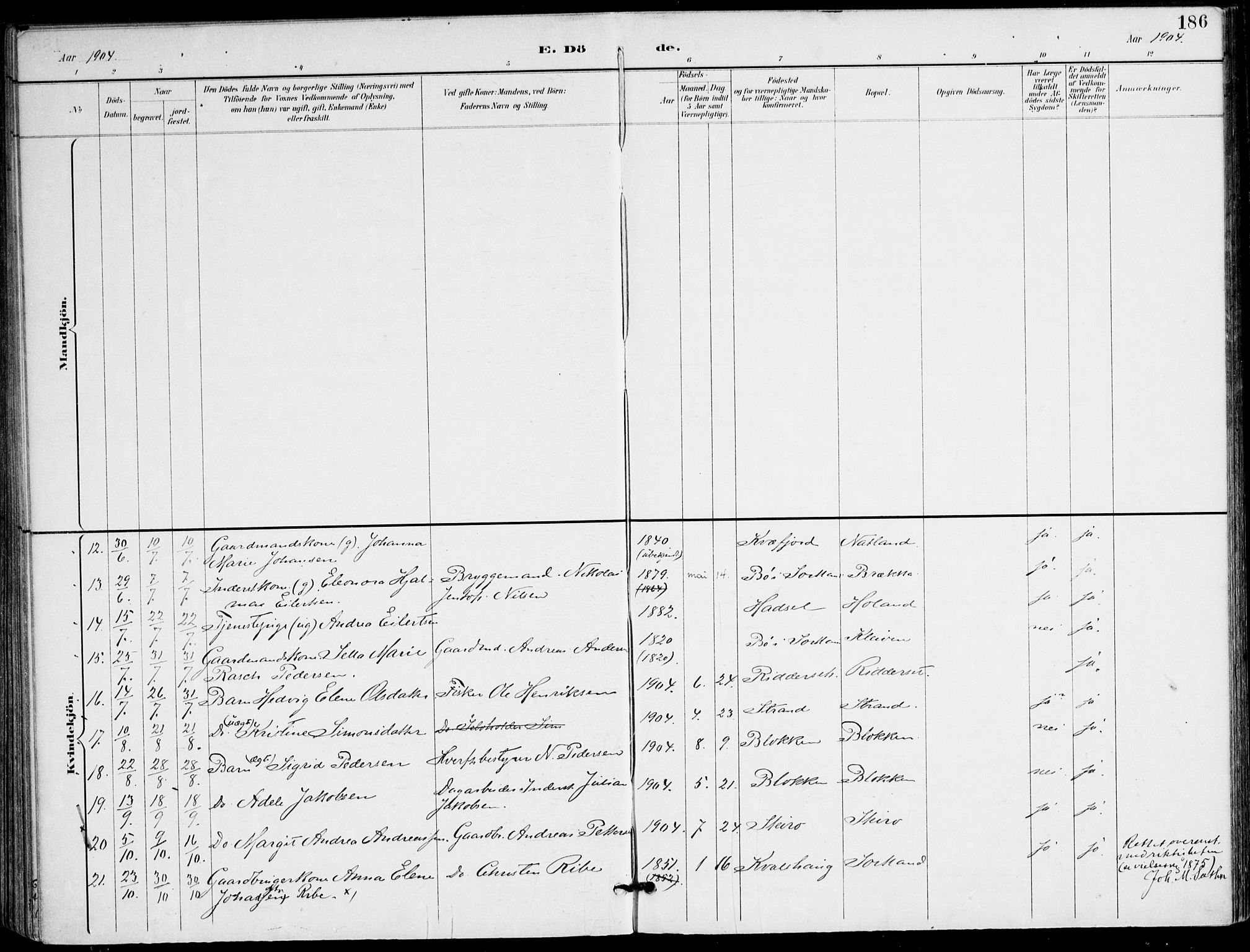 Ministerialprotokoller, klokkerbøker og fødselsregistre - Nordland, AV/SAT-A-1459/895/L1372: Parish register (official) no. 895A07, 1894-1914, p. 186