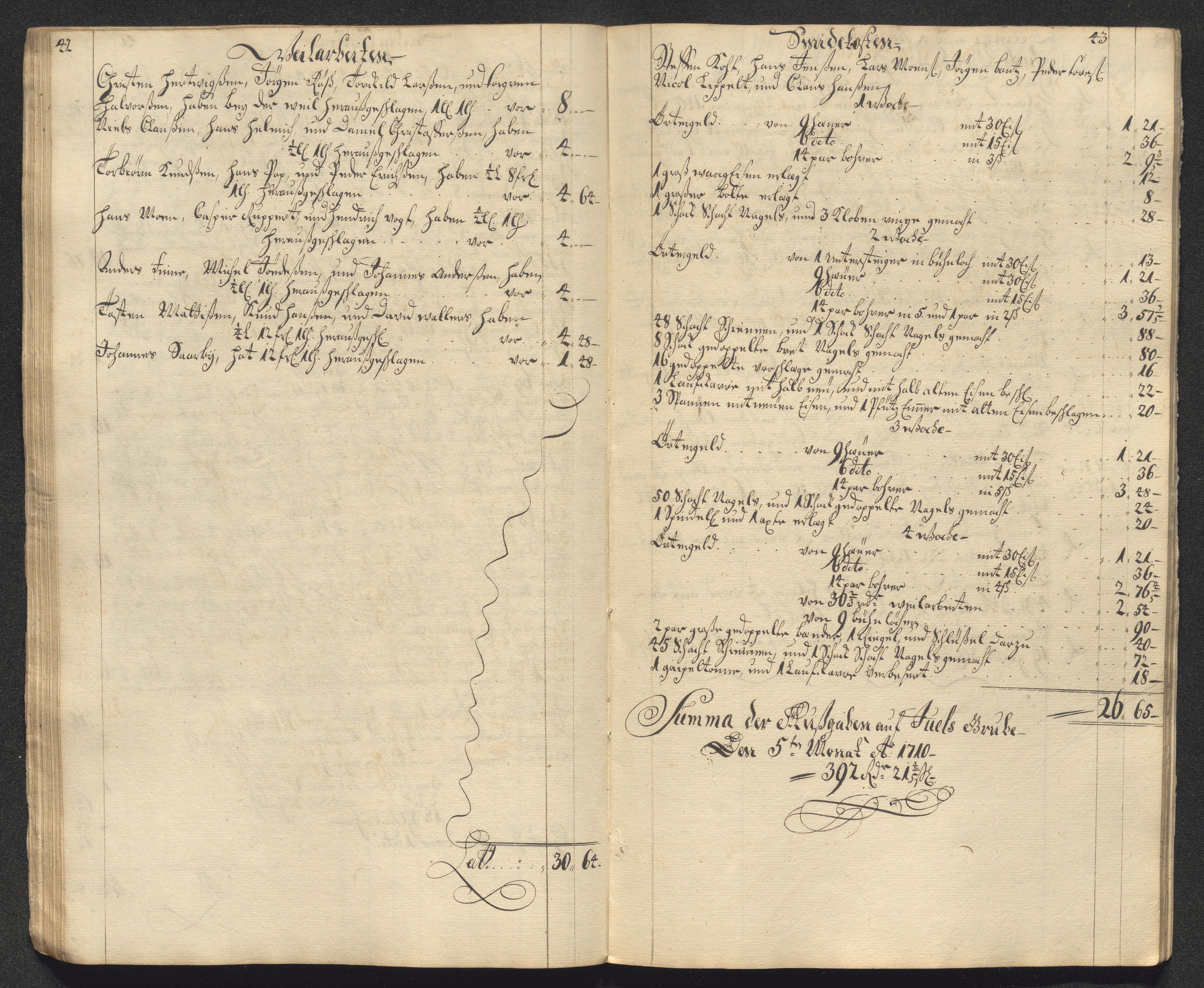 Kongsberg Sølvverk 1623-1816, AV/SAKO-EA-3135/001/D/Dc/Dcd/L0099: Utgiftsregnskap for gruver m.m., 1710, p. 212
