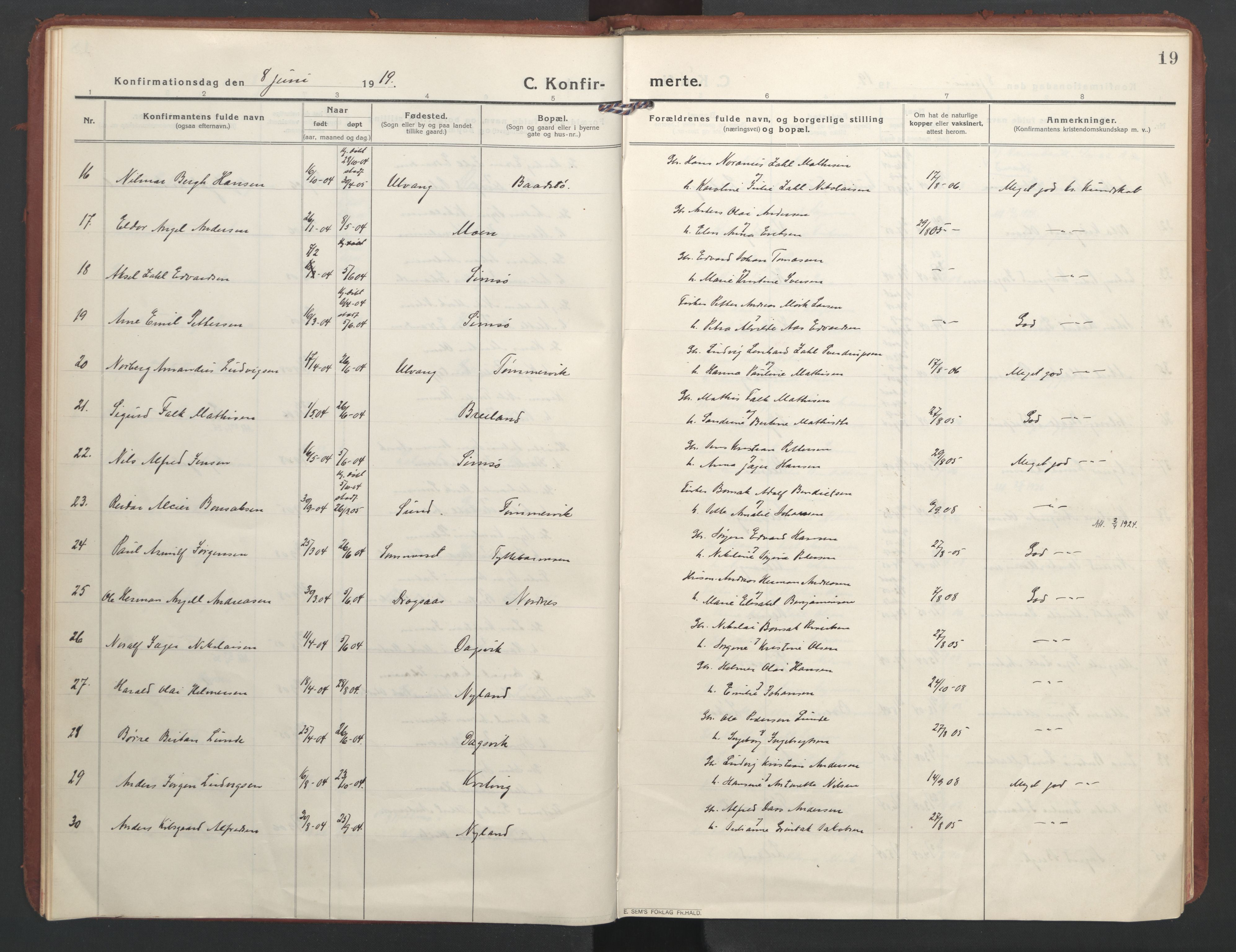 Ministerialprotokoller, klokkerbøker og fødselsregistre - Nordland, AV/SAT-A-1459/832/L0492: Parish register (official) no. 832A01, 1916-1934, p. 19