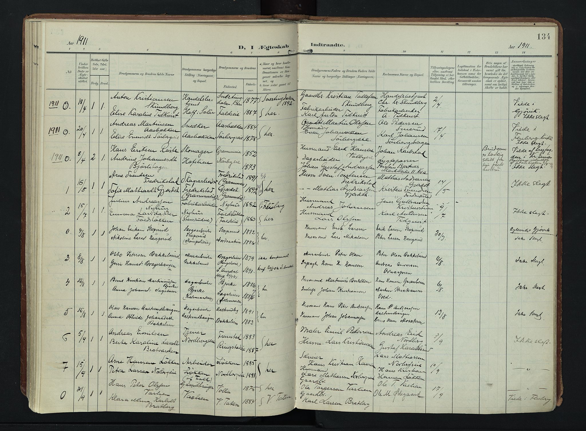 Søndre Land prestekontor, AV/SAH-PREST-122/K/L0007: Parish register (official) no. 7, 1905-1914, p. 134