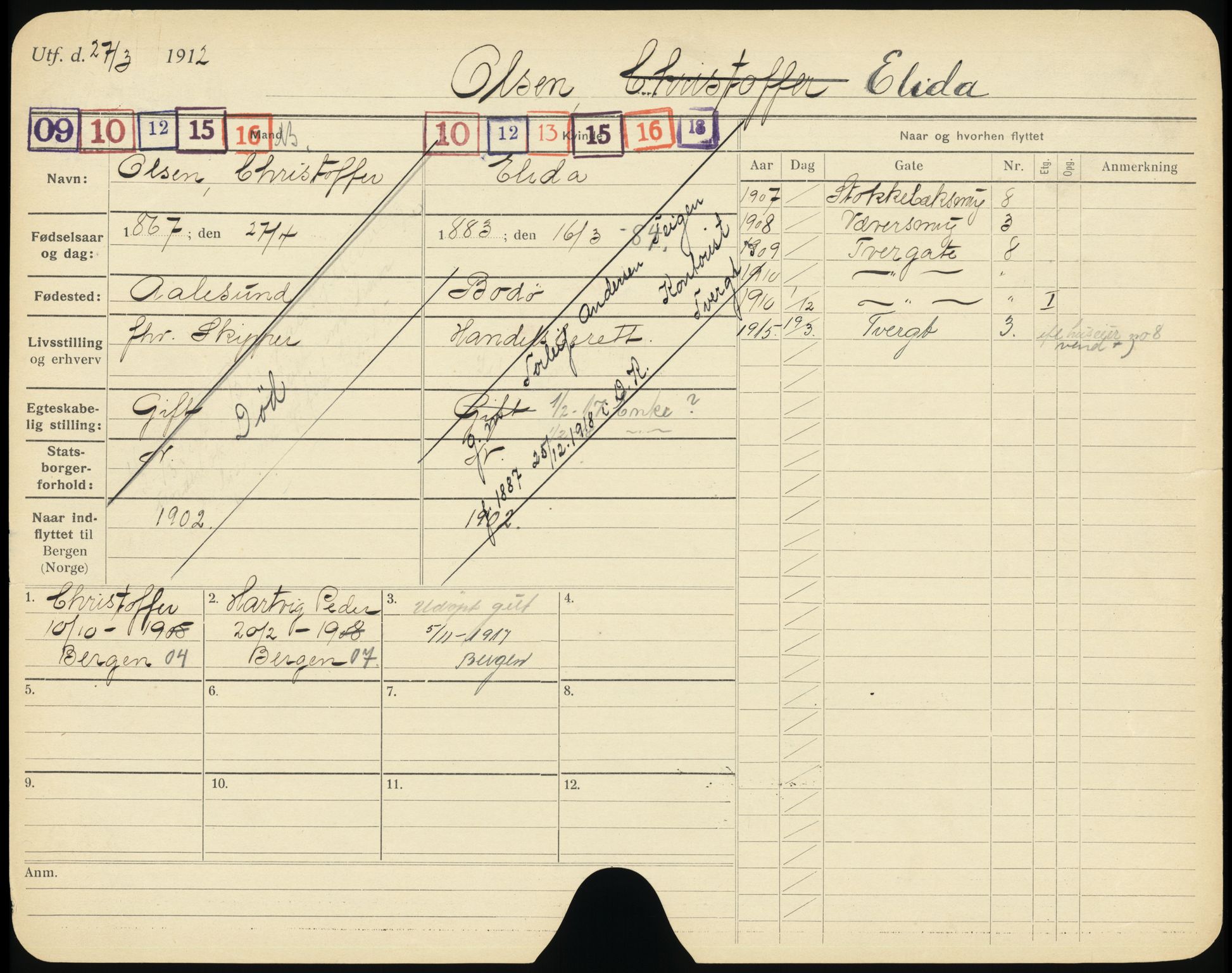 Bergen folkeregister, AV/SAB-A-17201/K/Ka/L0008: Gifte kvinner 1912 - 1919, Olsen, D. - Røsvold, 1912-1919
