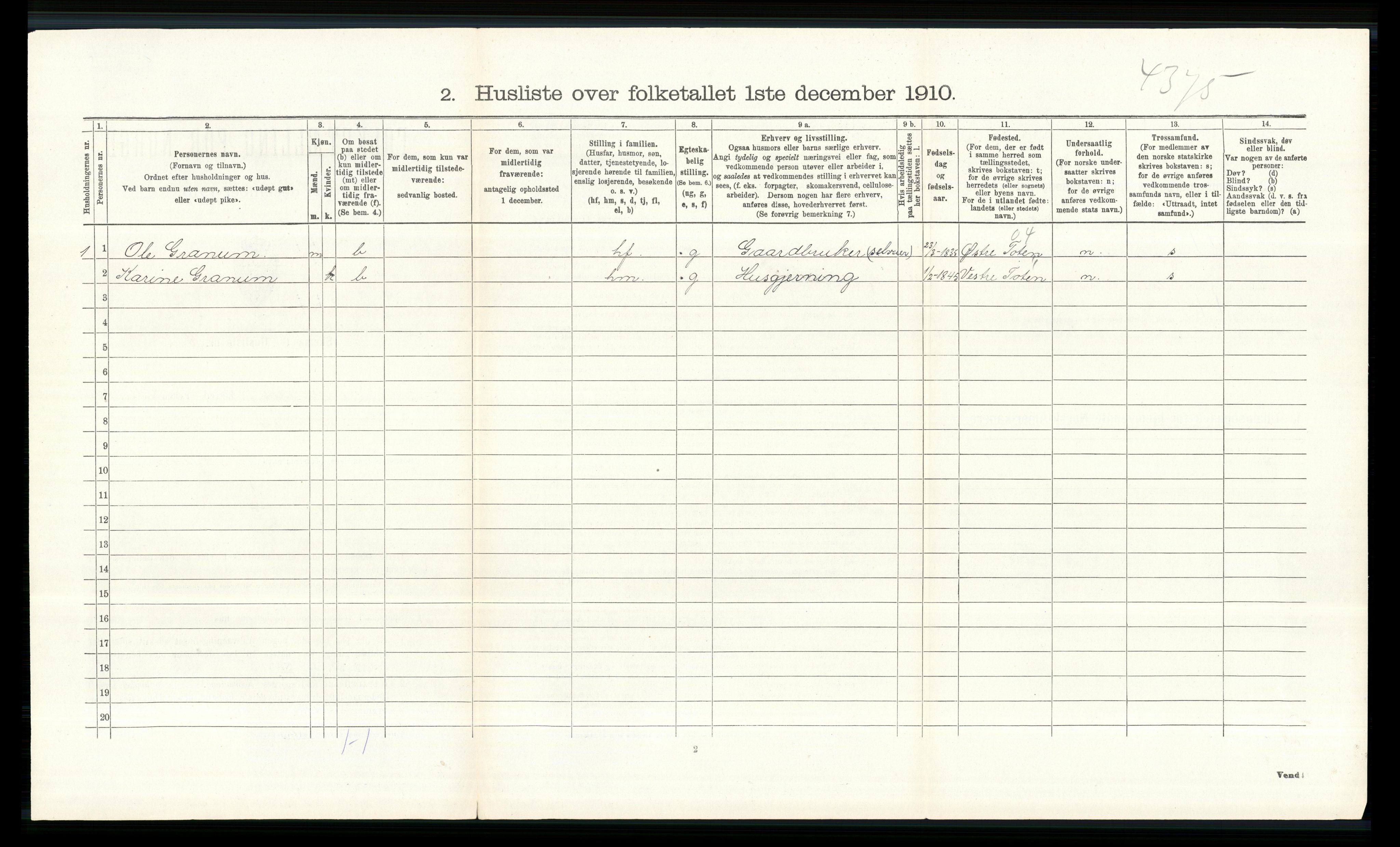 RA, 1910 census for Vardal, 1910, p. 1423