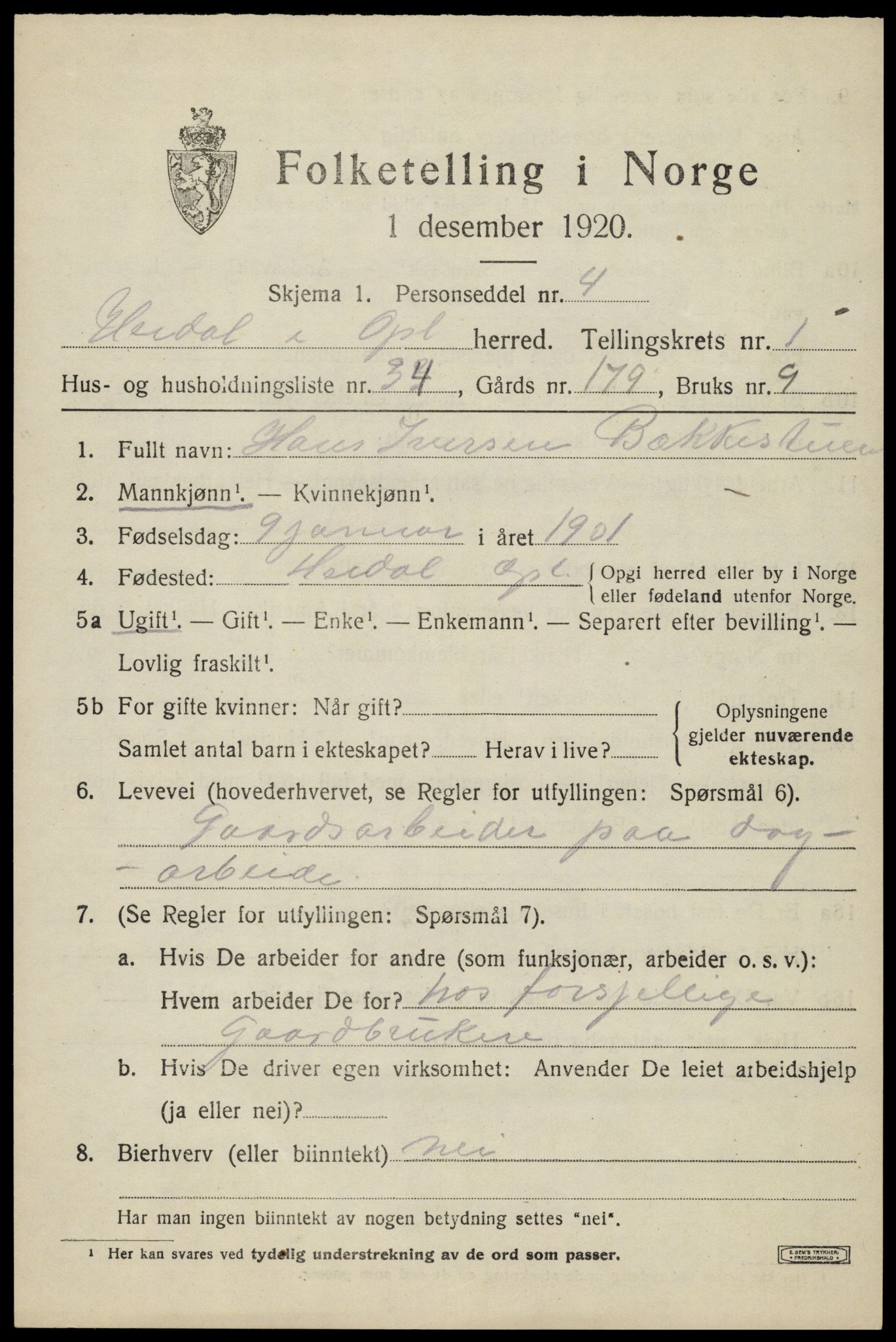 SAH, 1920 census for Heidal, 1920, p. 872