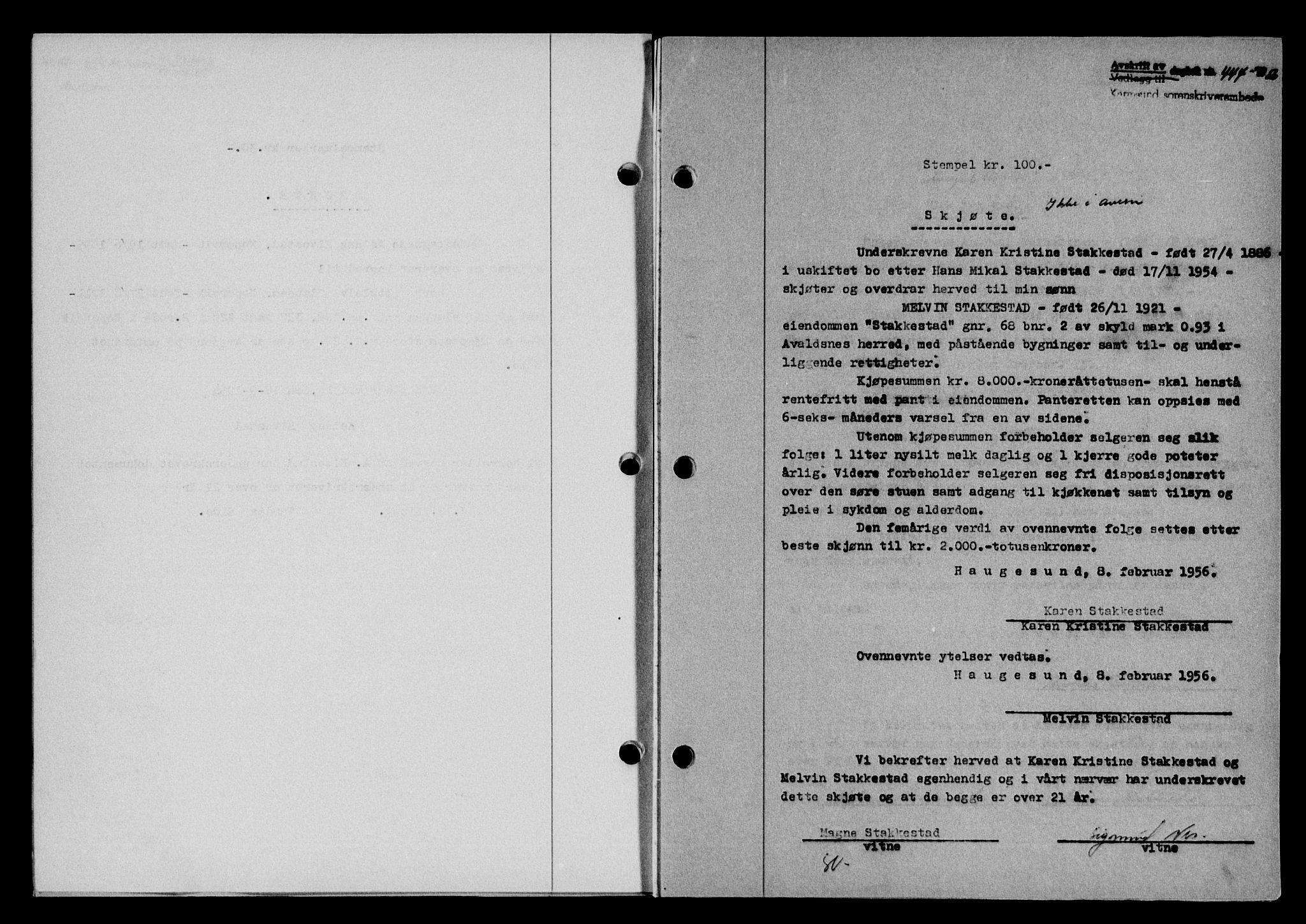Karmsund sorenskriveri, SAST/A-100311/01/II/IIB/L0118: Mortgage book no. 98A, 1955-1956, Diary no: : 444/1956