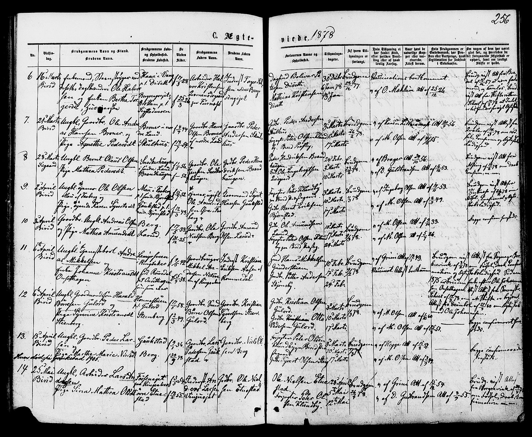 Biri prestekontor, SAH/PREST-096/H/Ha/Haa/L0006: Parish register (official) no. 6, 1877-1886, p. 256