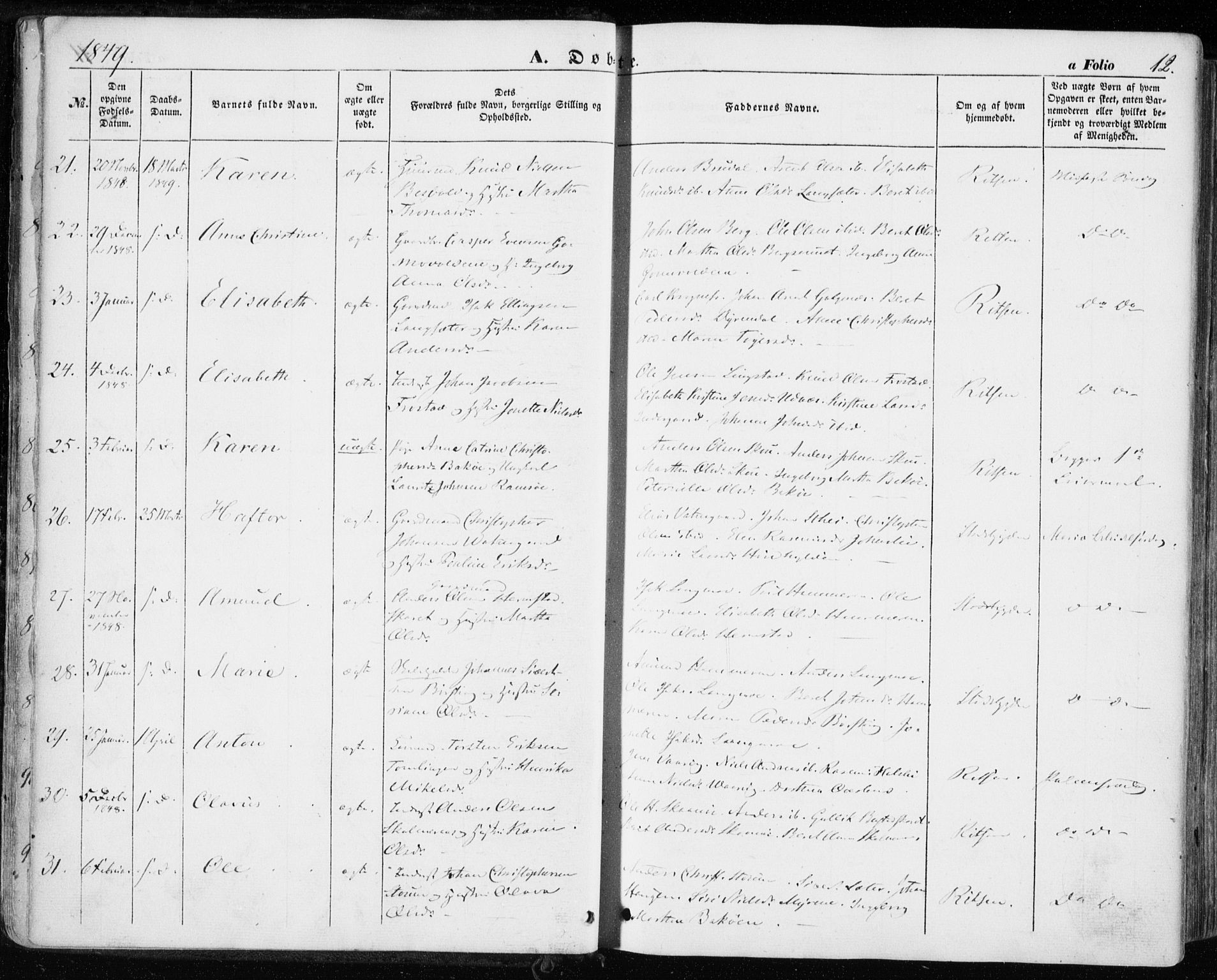 Ministerialprotokoller, klokkerbøker og fødselsregistre - Sør-Trøndelag, AV/SAT-A-1456/646/L0611: Parish register (official) no. 646A09, 1848-1857, p. 12