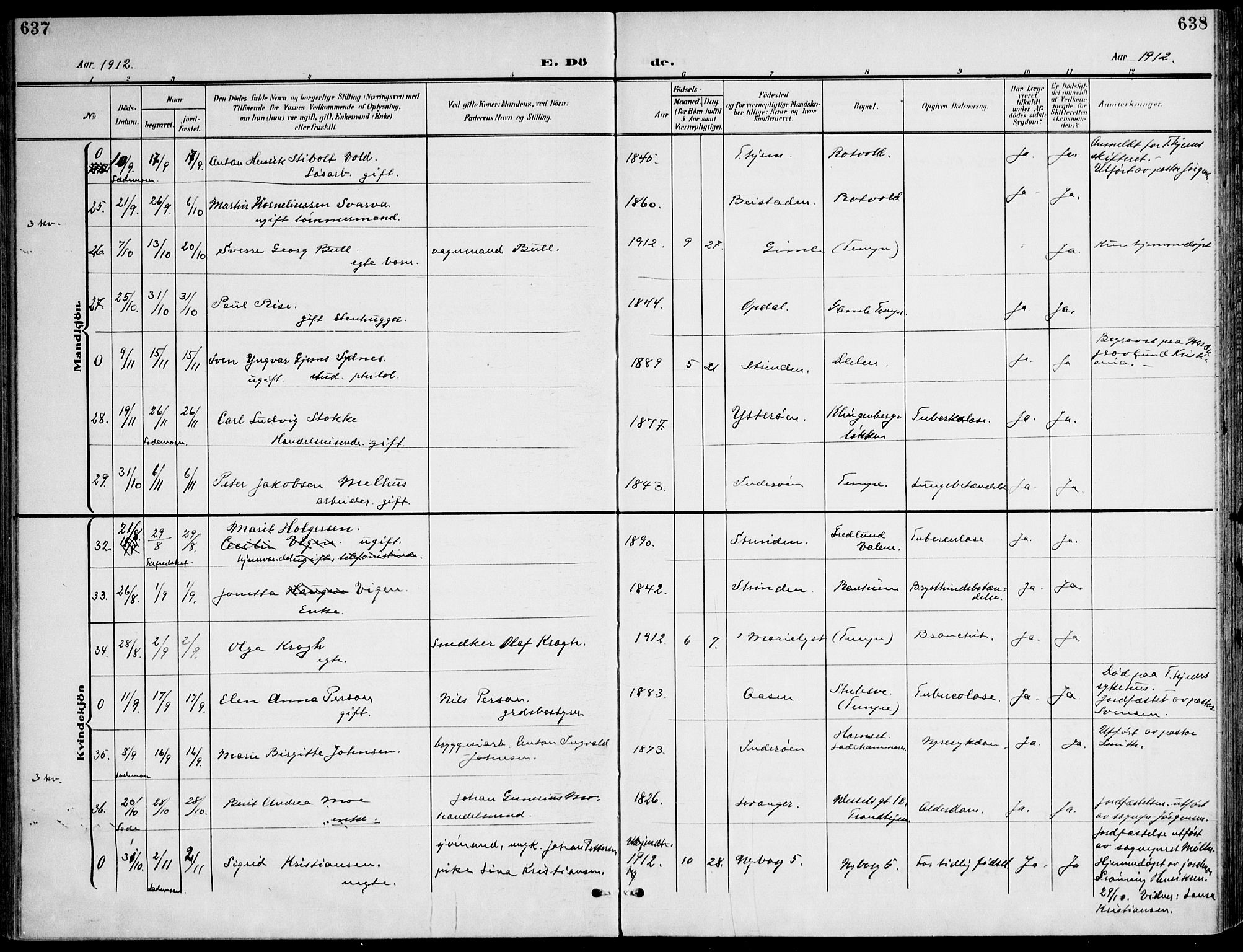 Ministerialprotokoller, klokkerbøker og fødselsregistre - Sør-Trøndelag, AV/SAT-A-1456/607/L0320: Parish register (official) no. 607A04, 1907-1915, p. 637-638