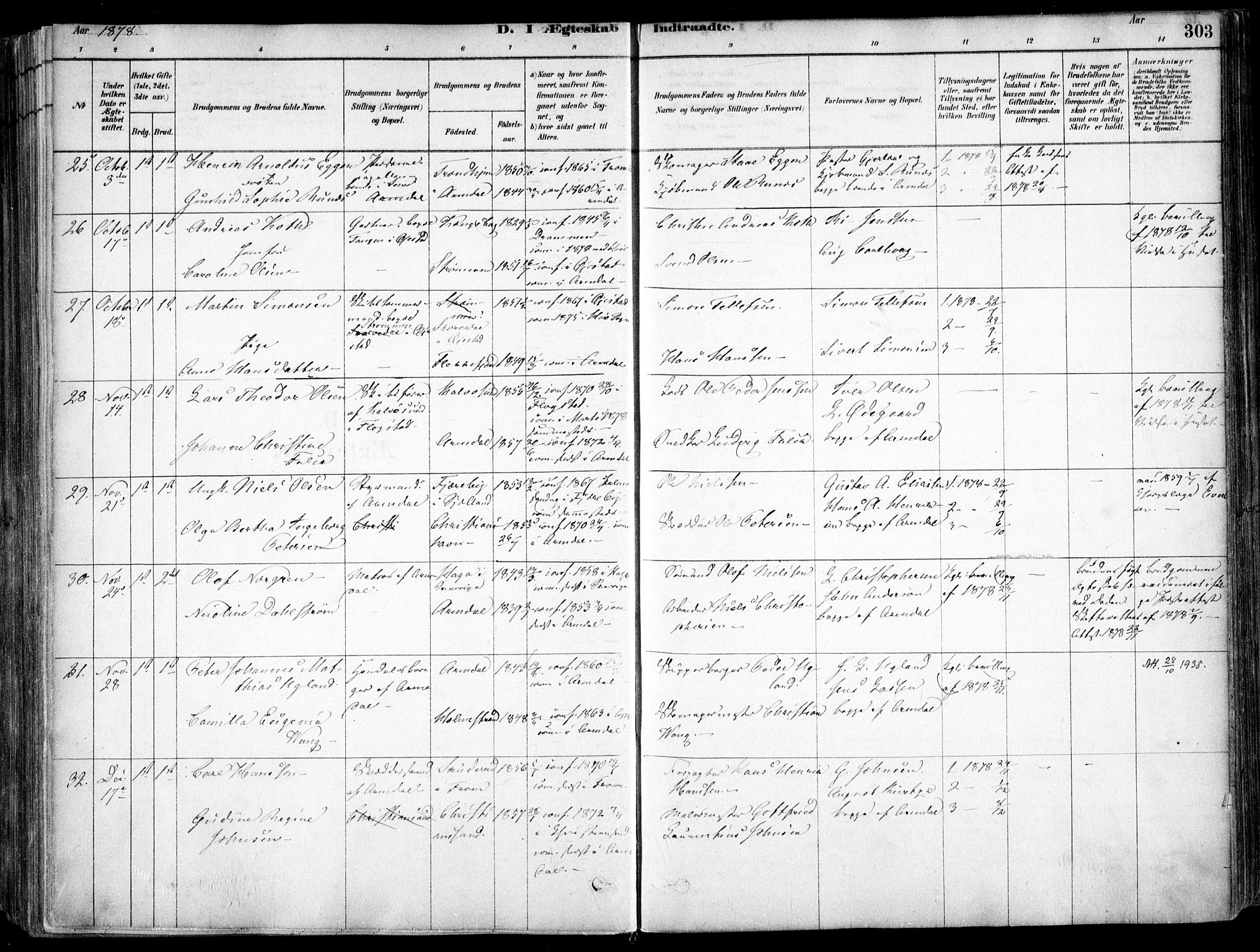 Arendal sokneprestkontor, Trefoldighet, SAK/1111-0040/F/Fa/L0008: Parish register (official) no. A 8, 1878-1899, p. 303