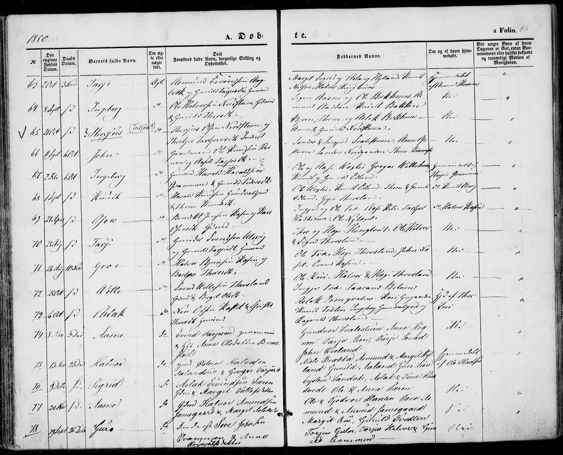 Vinje kirkebøker, SAKO/A-312/F/Fa/L0004: Parish register (official) no. I 4, 1843-1869, p. 43