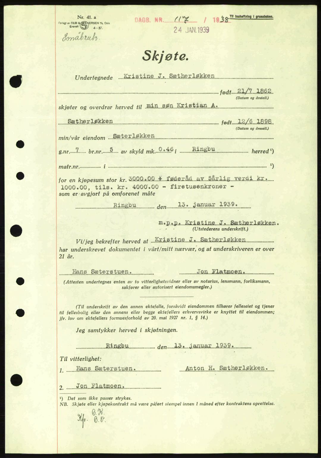 Sør-Gudbrandsdal tingrett, SAH/TING-004/H/Hb/Hbd/L0005: Mortgage book no. A5, 1938-1939, Diary no: : 117/1939