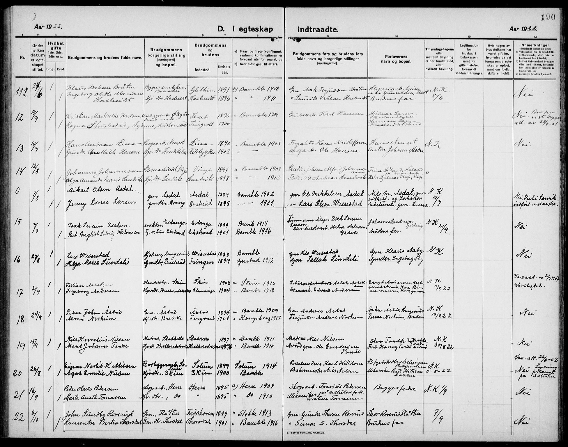 Bamble kirkebøker, AV/SAKO-A-253/G/Ga/L0011: Parish register (copy) no. I 11, 1920-1935, p. 190