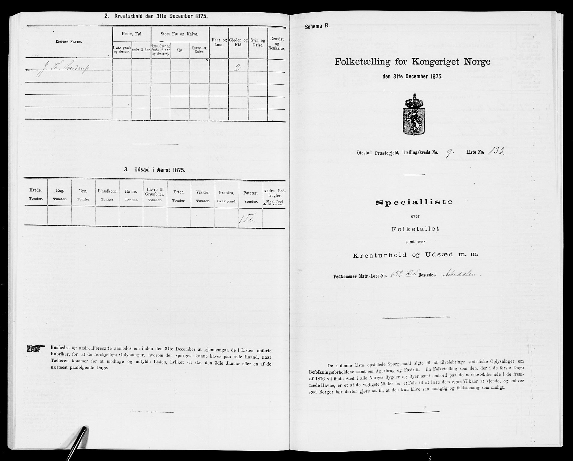 SAK, 1875 census for 0920P Øyestad, 1875, p. 1544