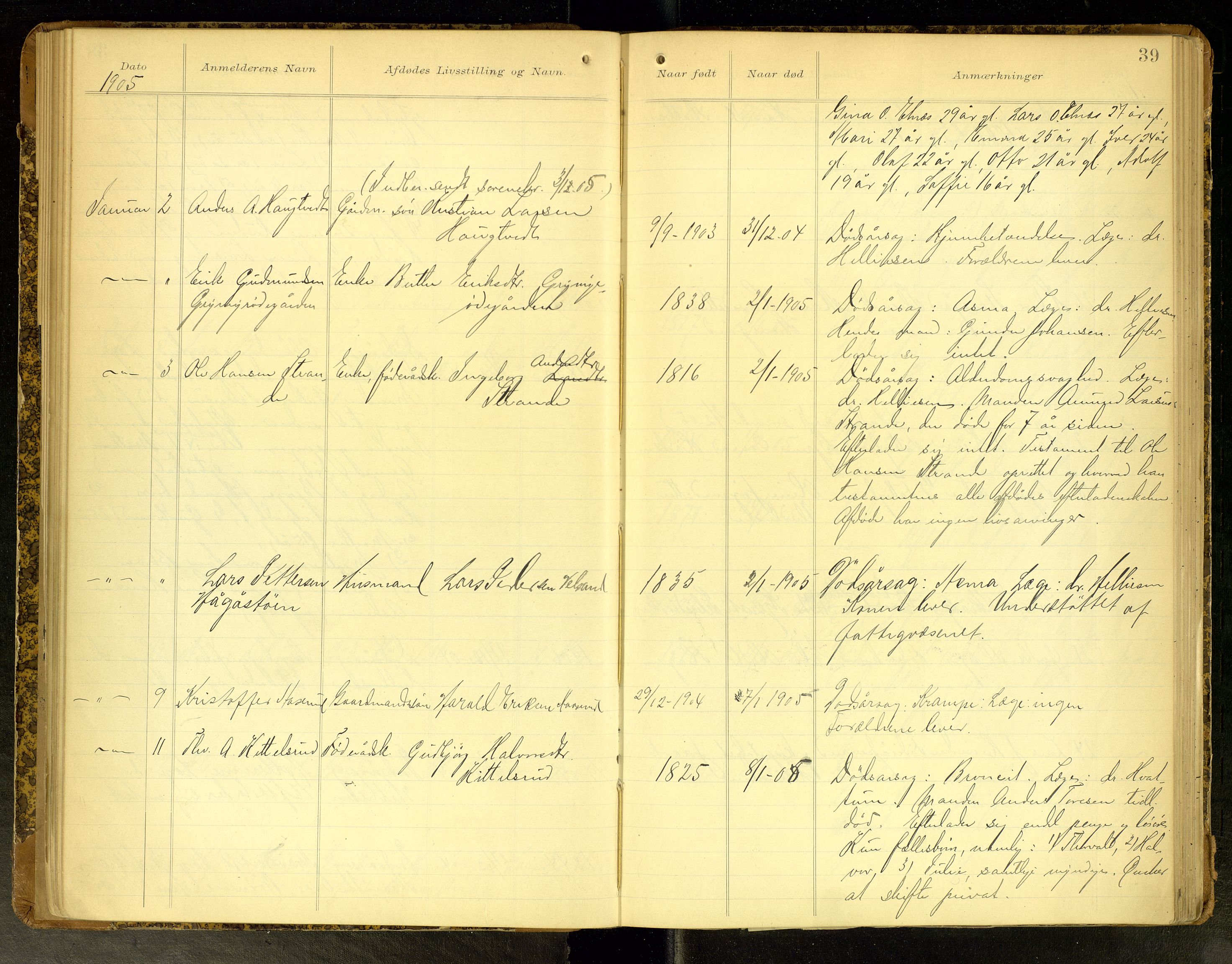 Gran lensmannskontor, AV/SAH-LOG-010/H/Ha/L0002: Dødsfallsprotokoll, 1899-1917, p. 39