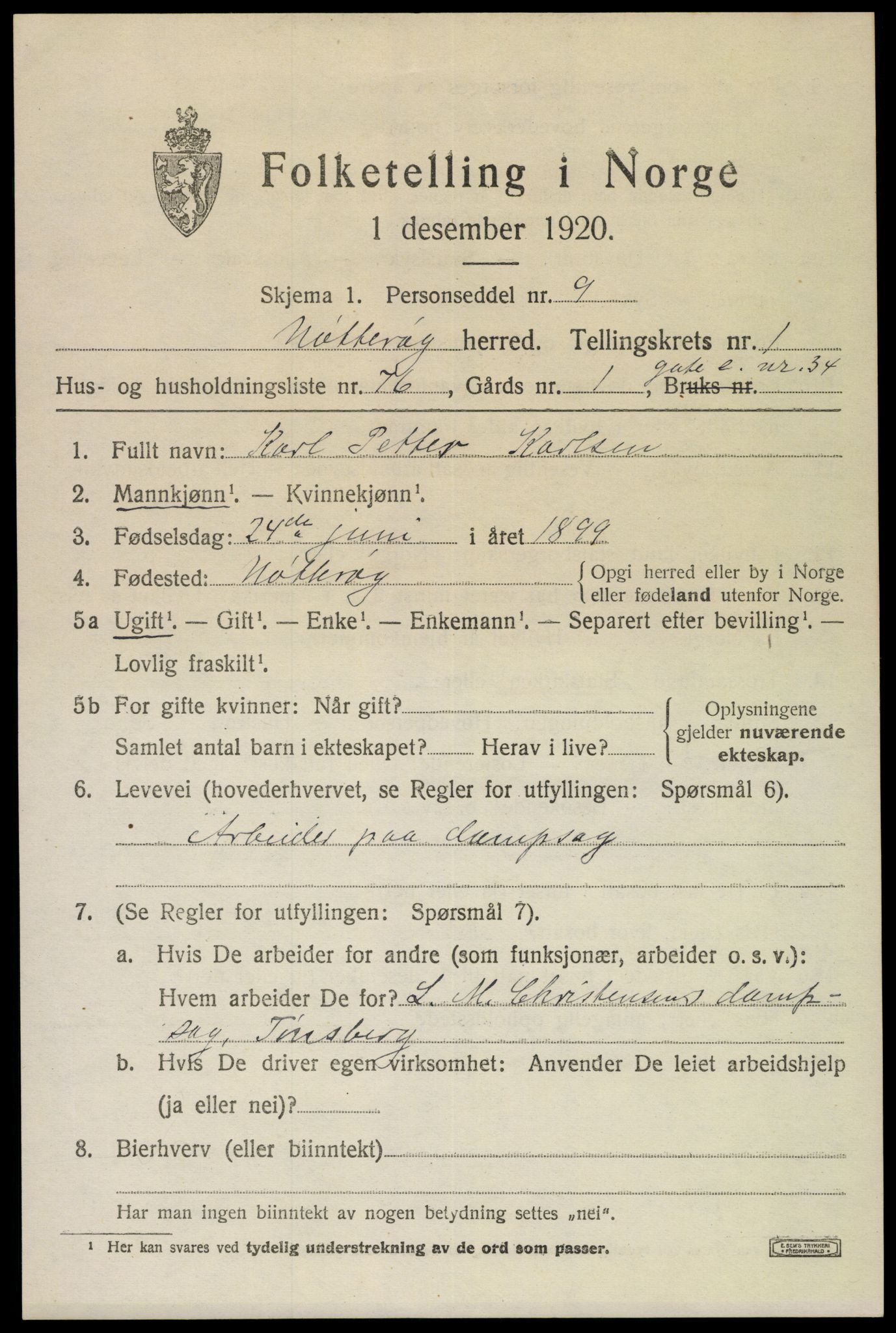 SAKO, 1920 census for Nøtterøy, 1920, p. 3849