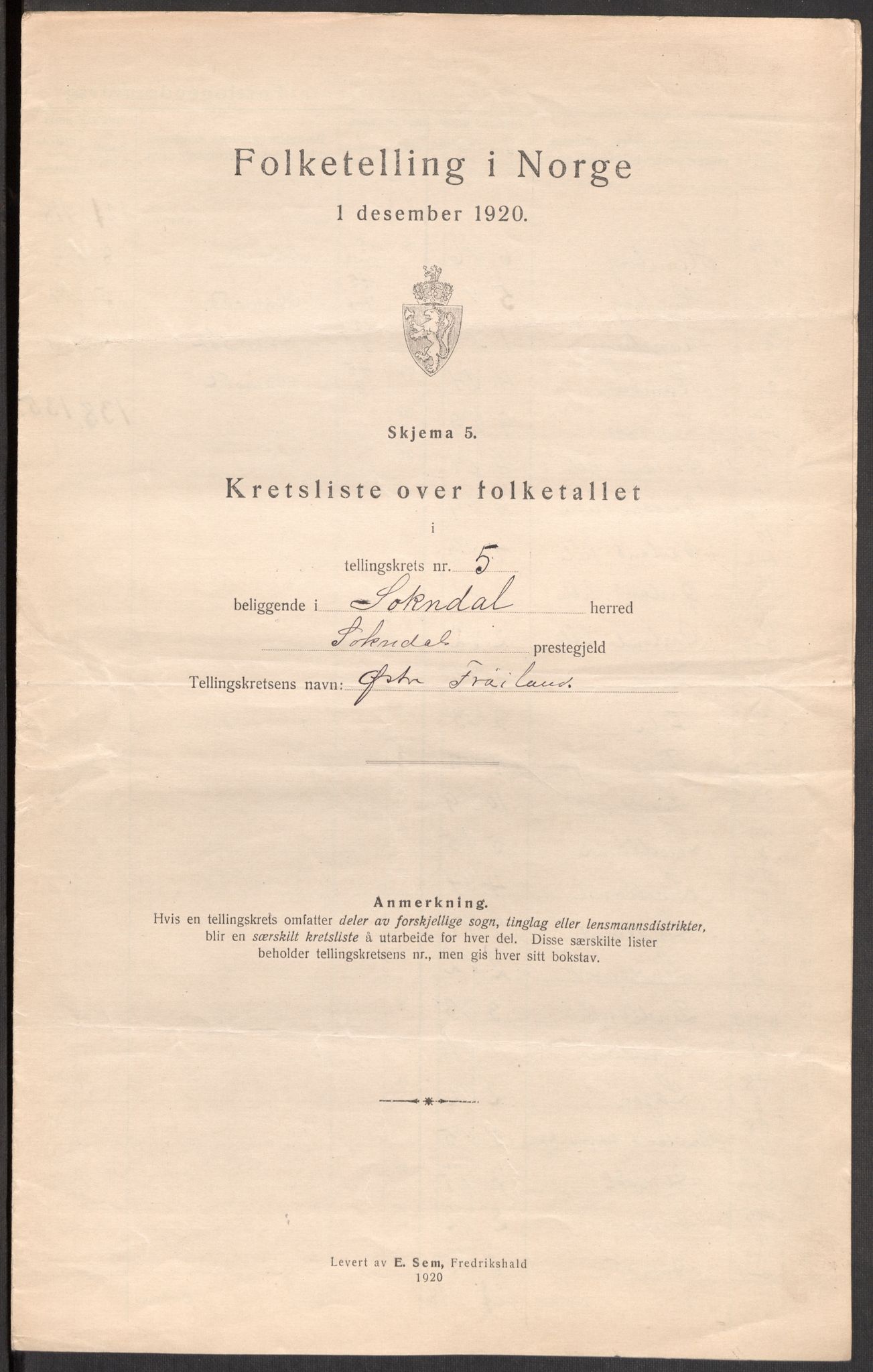 SAST, 1920 census for Sokndal, 1920, p. 30