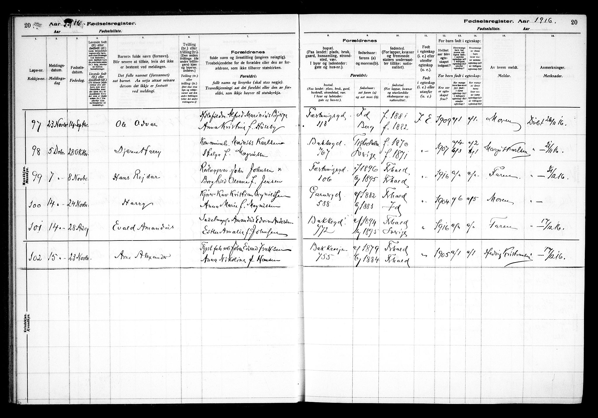 Halden prestekontor Kirkebøker, AV/SAO-A-10909/J/Ja/L0001: Birth register no. I 1, 1916-1925, p. 20