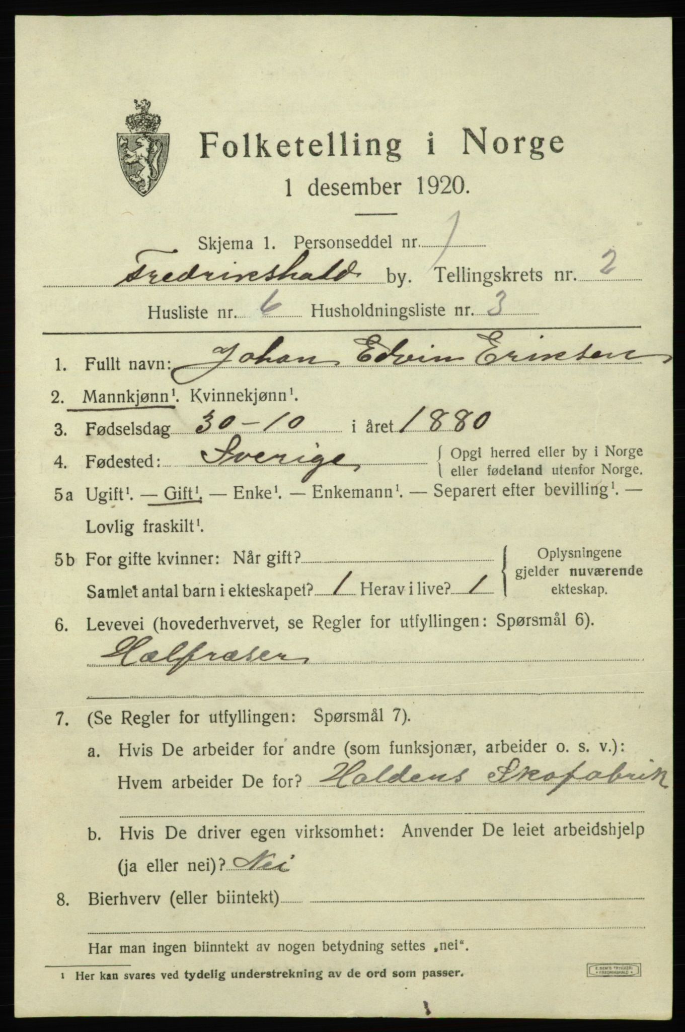 SAO, 1920 census for Fredrikshald, 1920, p. 9348