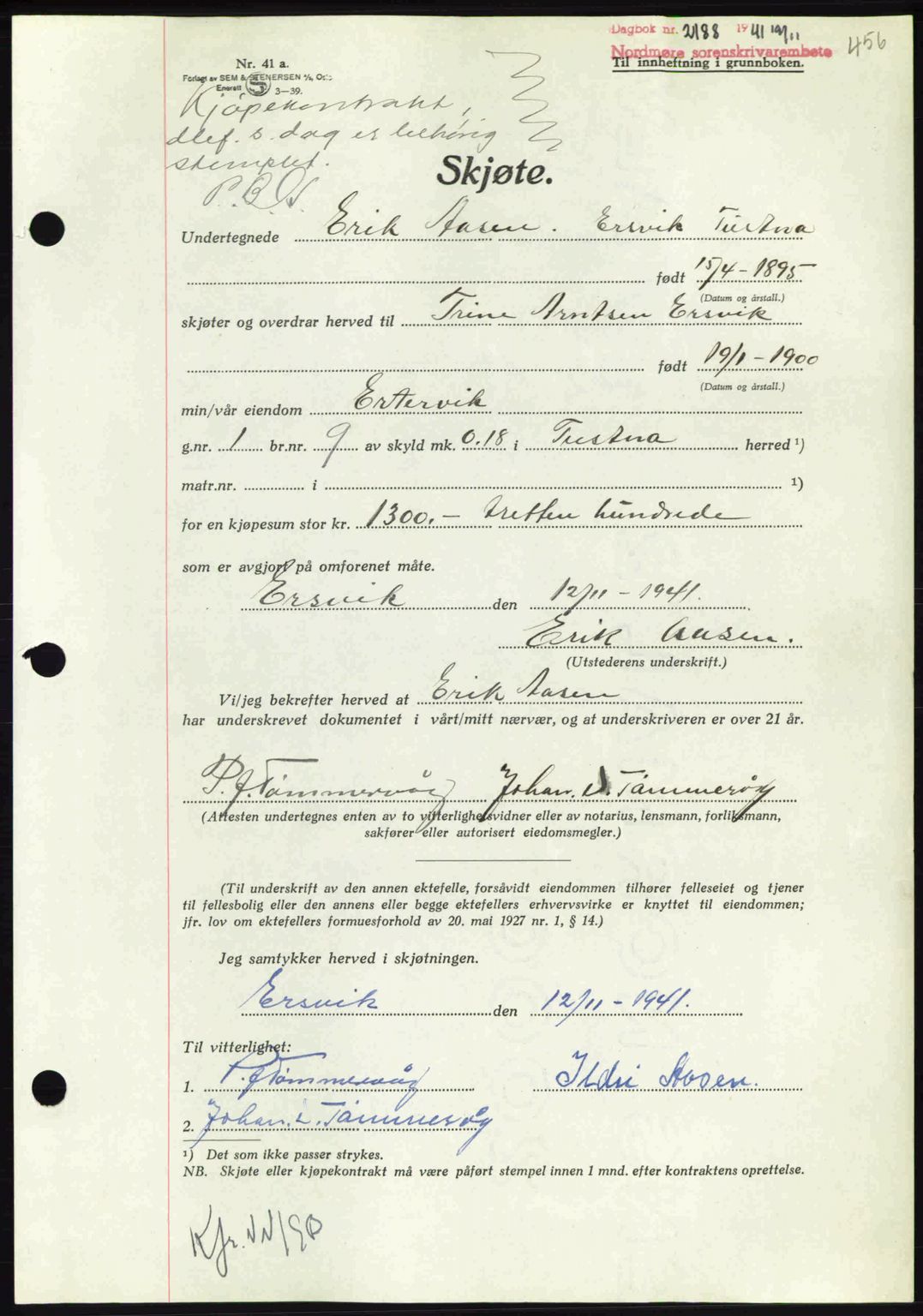 Nordmøre sorenskriveri, AV/SAT-A-4132/1/2/2Ca: Mortgage book no. A91, 1941-1942, Diary no: : 2188/1941