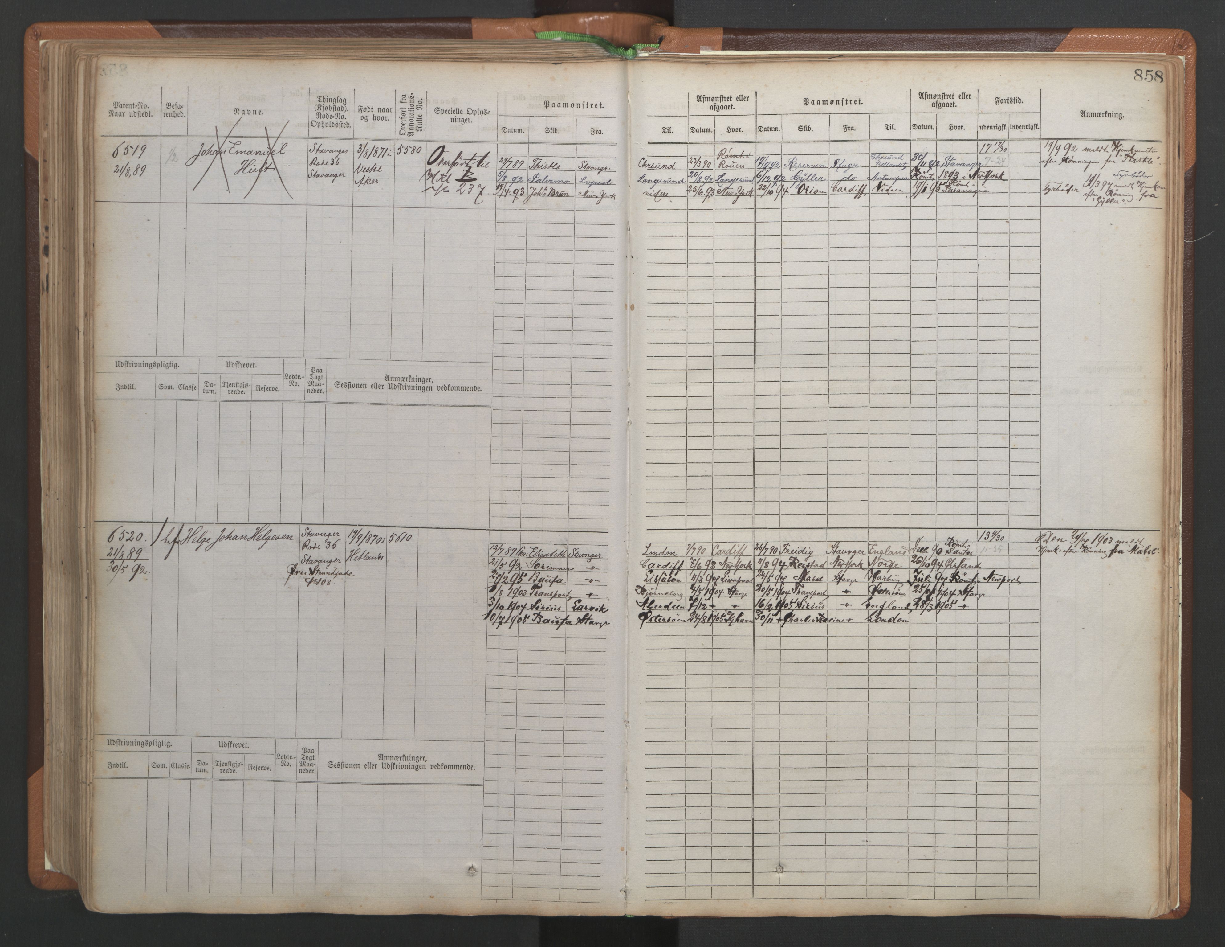 Stavanger sjømannskontor, AV/SAST-A-102006/F/Fb/Fbb/L0010: Sjøfartshovedrulle, patentnr. 6007-6606 (del 1), 1887-1896, p. 262