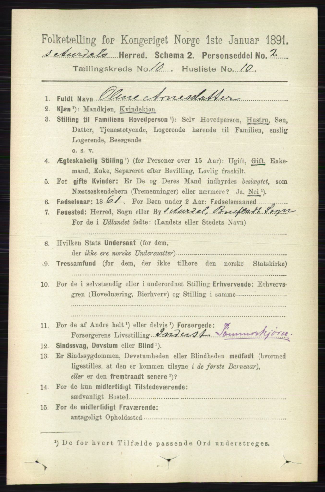 RA, 1891 census for 0540 Sør-Aurdal, 1891, p. 5930