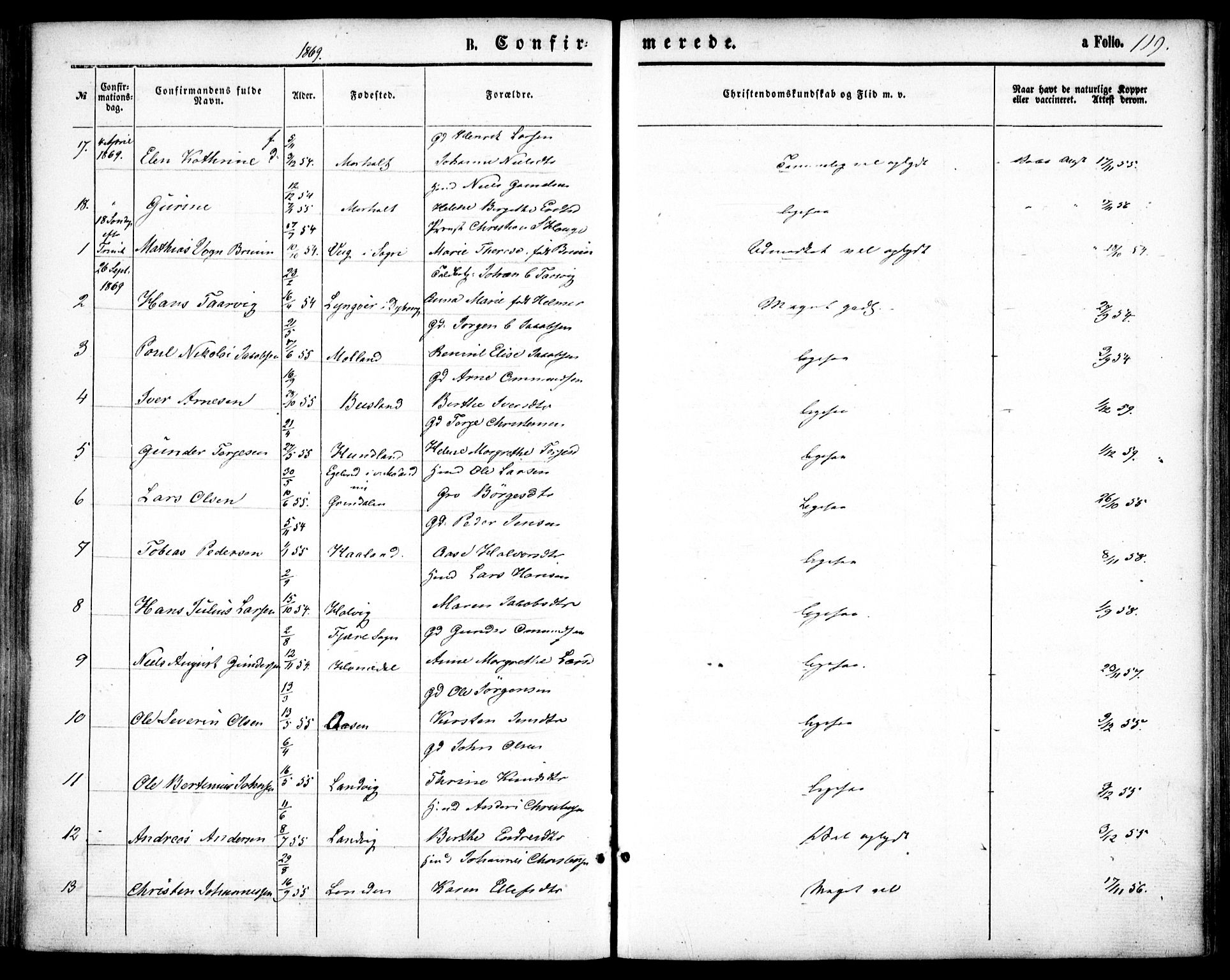 Hommedal sokneprestkontor, AV/SAK-1111-0023/F/Fa/Fab/L0005: Parish register (official) no. A 5, 1861-1877, p. 119