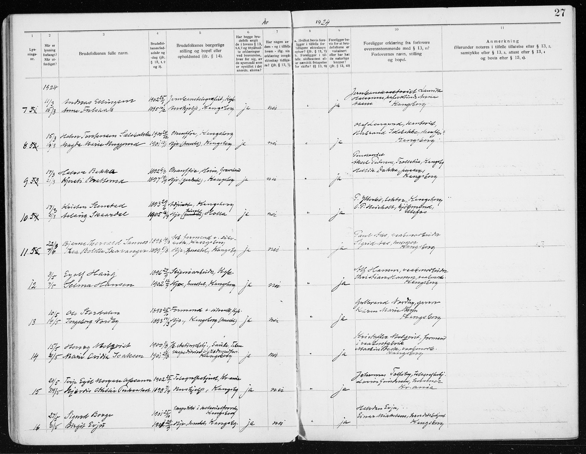 Kongsberg kirkebøker, AV/SAKO-A-22/H/Ha/L0001: Banns register no. 1, 1919-1939, p. 27