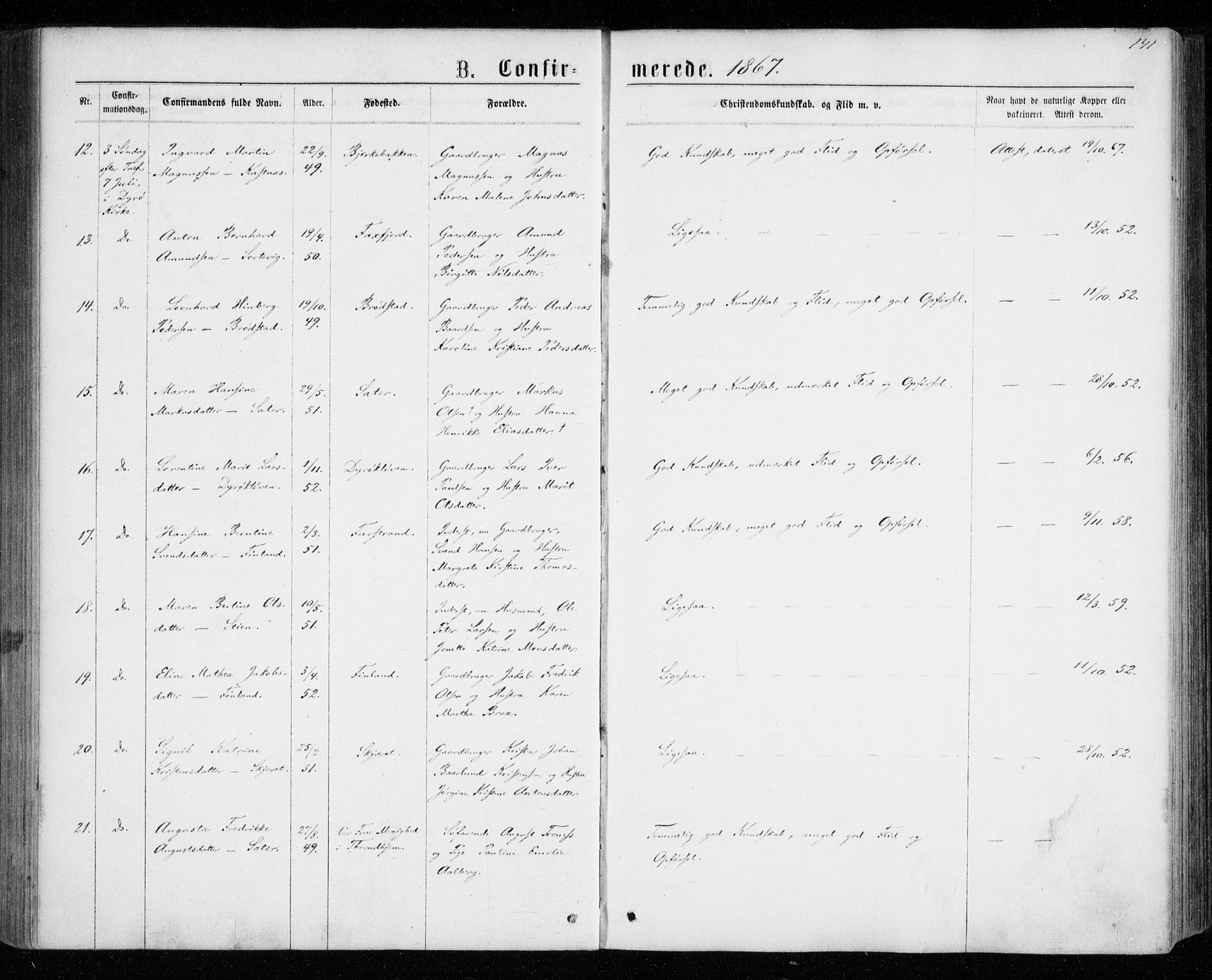 Tranøy sokneprestkontor, SATØ/S-1313/I/Ia/Iaa/L0008kirke: Parish register (official) no. 8, 1867-1877, p. 141