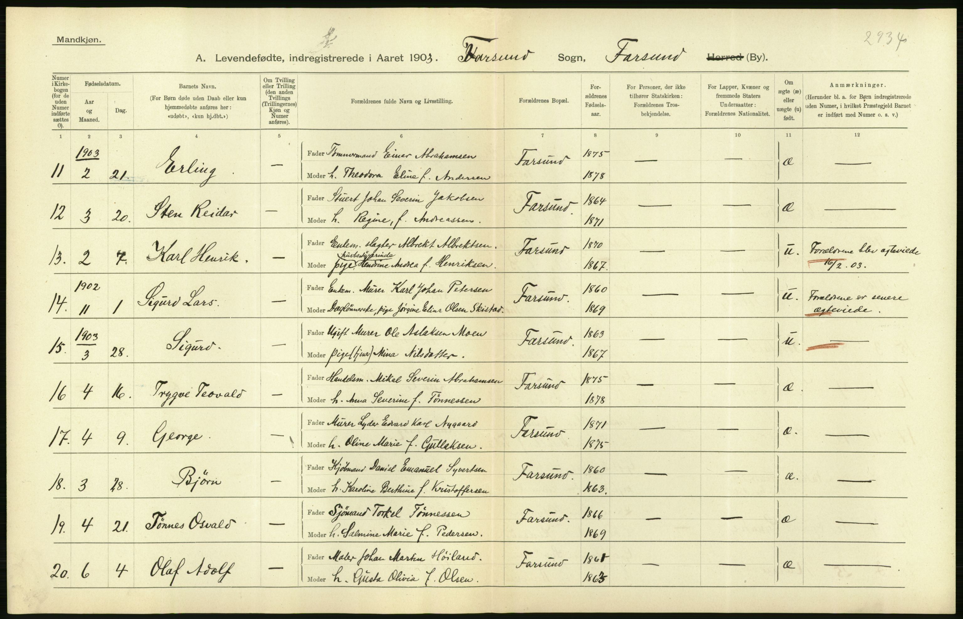 Statistisk sentralbyrå, Sosiodemografiske emner, Befolkning, AV/RA-S-2228/D/Df/Dfa/Dfaa/L0011: Lister og Mandal amt: Fødte, gifte, døde, 1903, p. 218