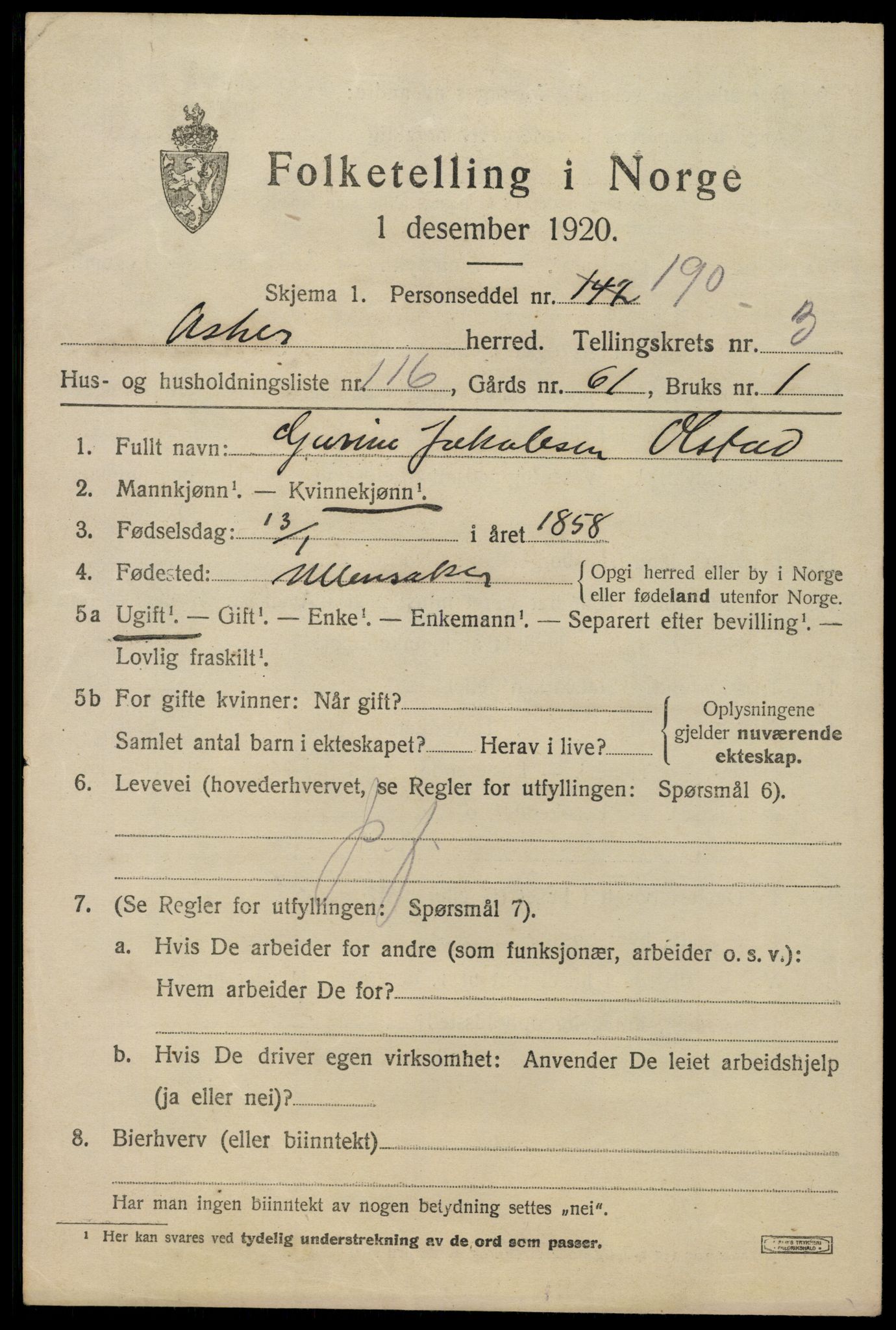 SAO, 1920 census for Asker, 1920, p. 9846