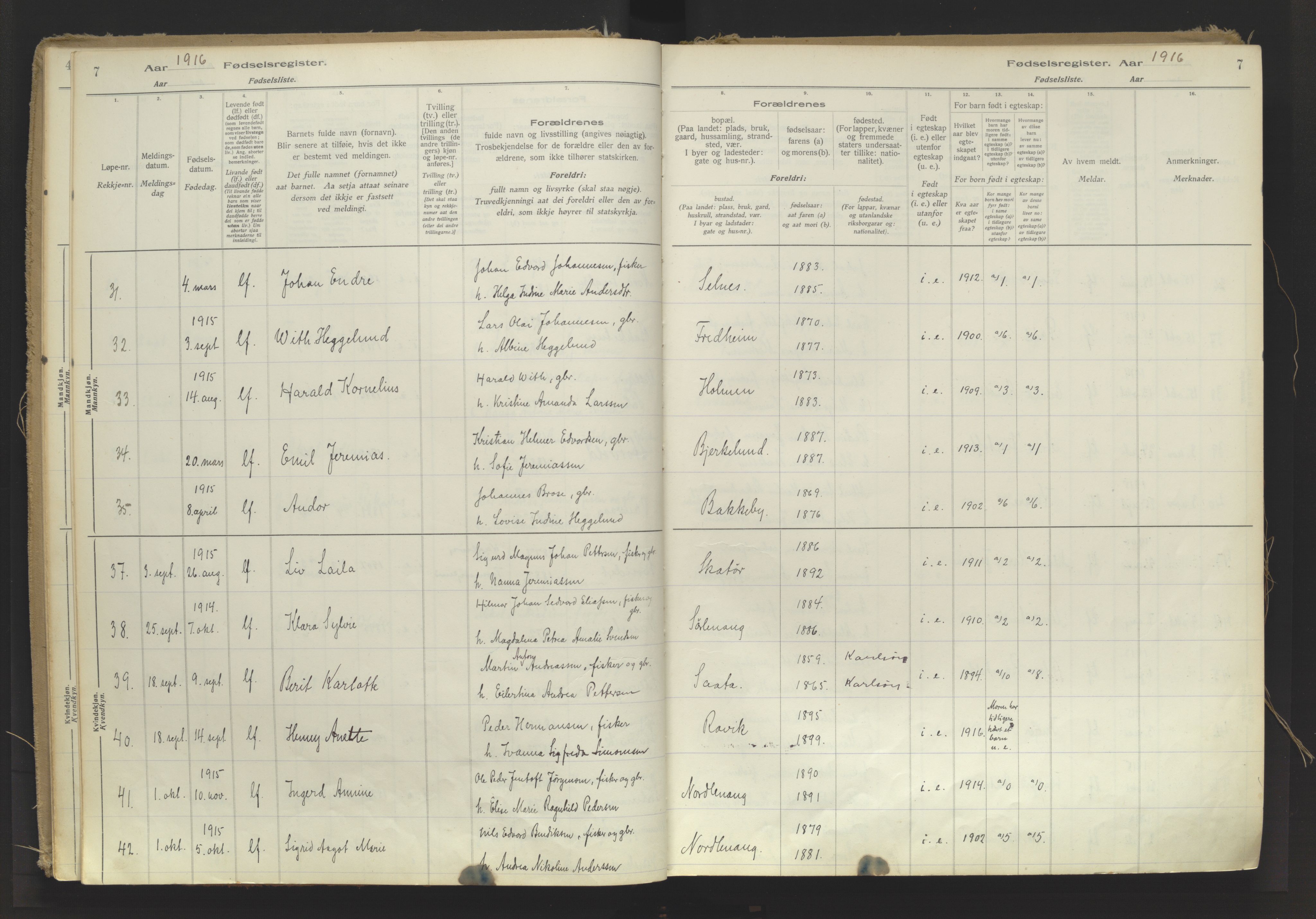 Karlsøy sokneprestembete, AV/SATØ-S-1299/I/Ic/L0064: Birth register no. 64, 1916-1943, p. 7