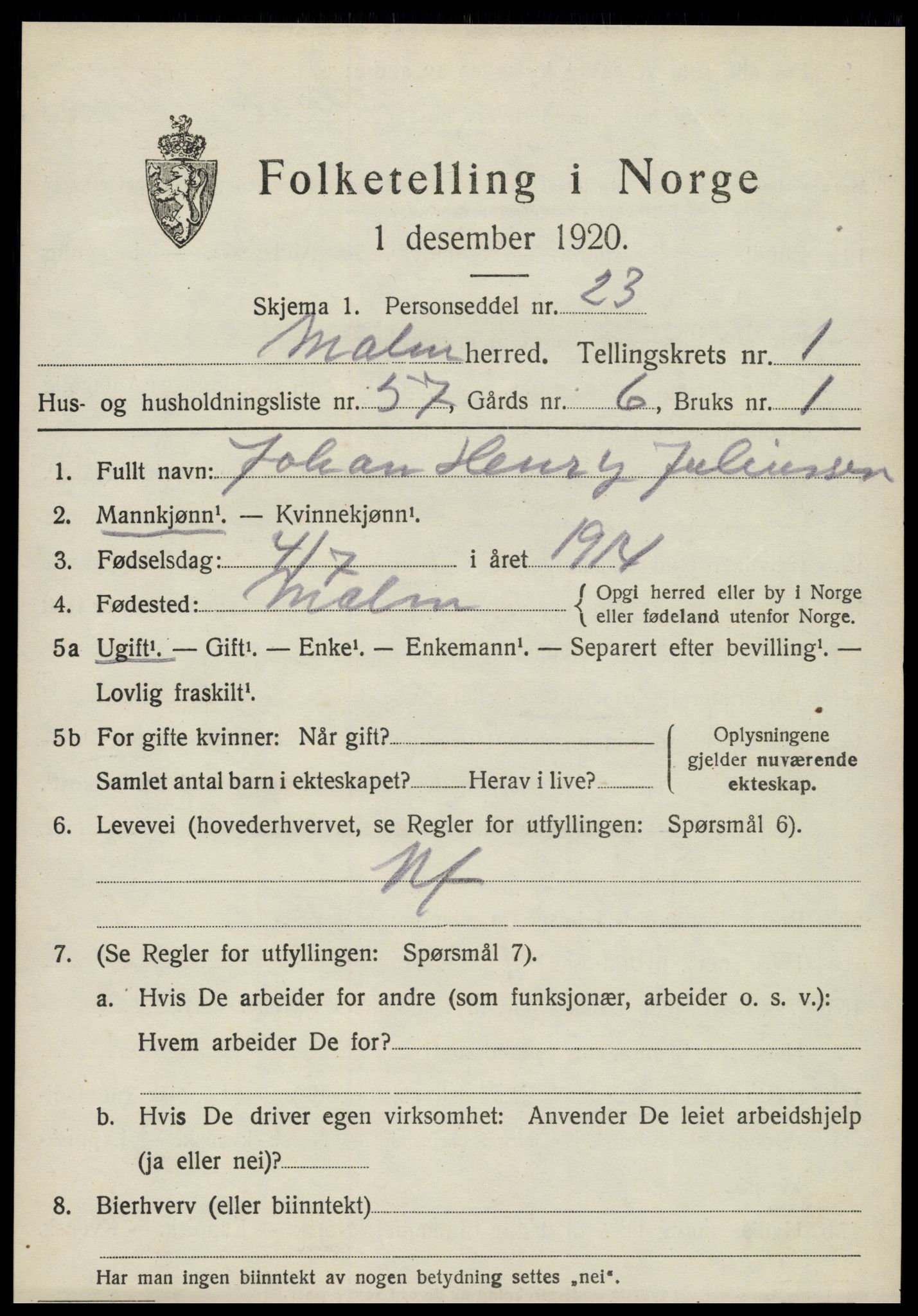 SAT, 1920 census for Malm, 1920, p. 943