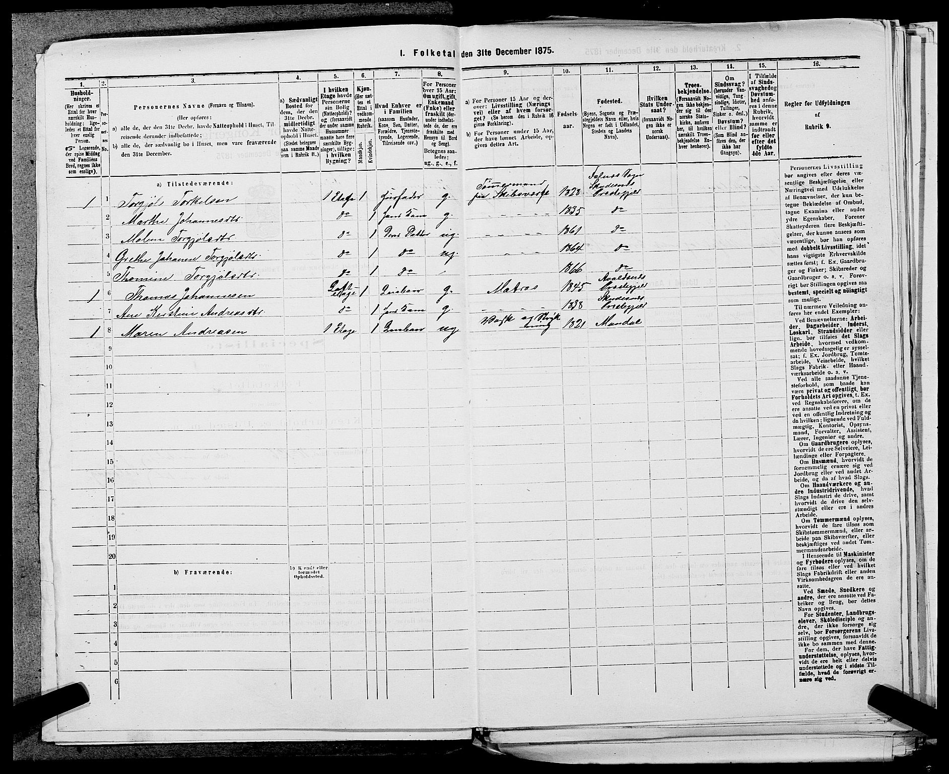 SAST, 1875 census for 1104B Skudenes/Skudeneshavn, 1875, p. 258