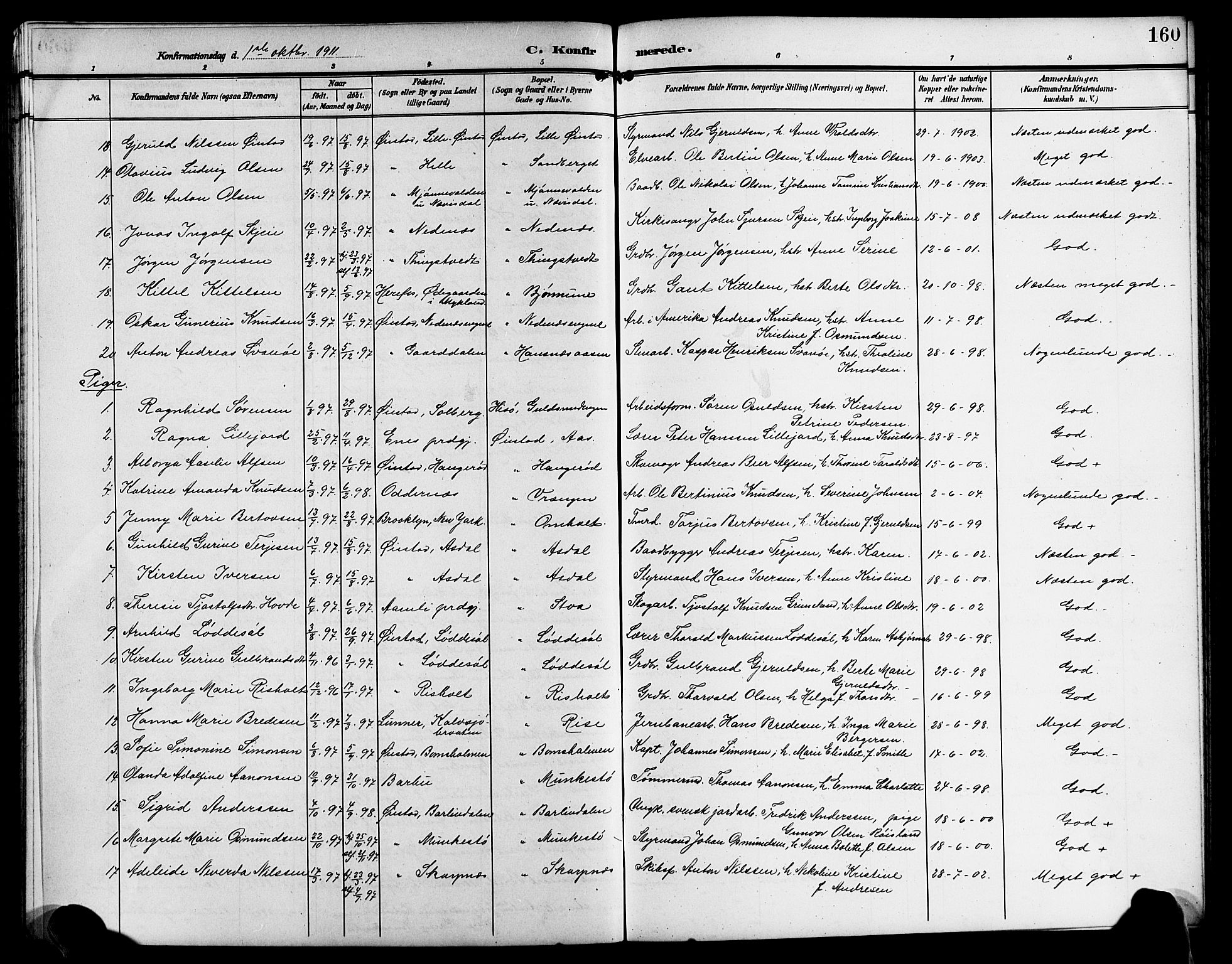 Øyestad sokneprestkontor, SAK/1111-0049/F/Fb/L0011: Parish register (copy) no. B 11, 1906-1918, p. 160