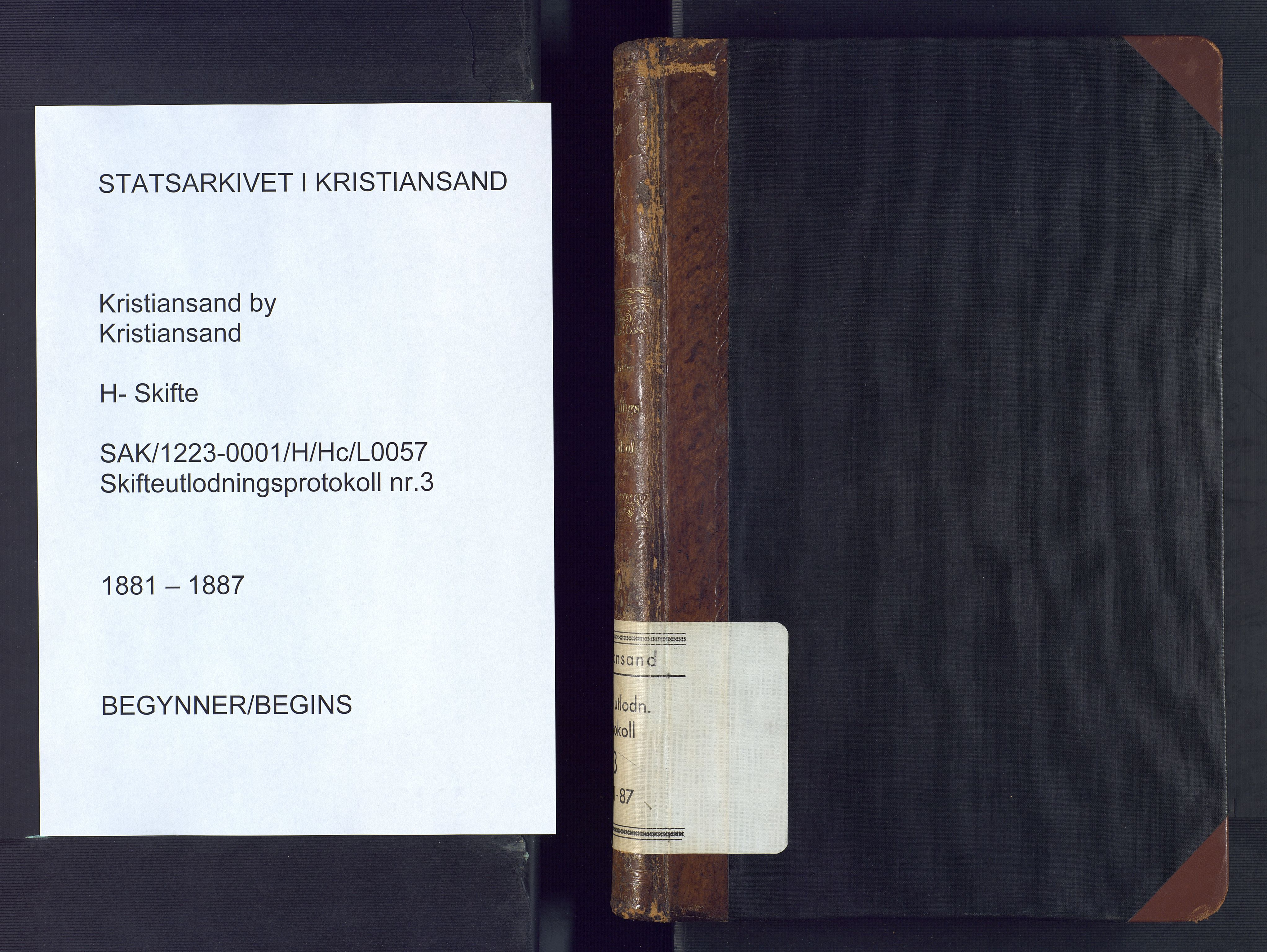 Kristiansand byrett, SAK/1223-0001/H/Hc/L0057: Skifteutlodningsprotokoll nr. 3, med register, 1881-1887