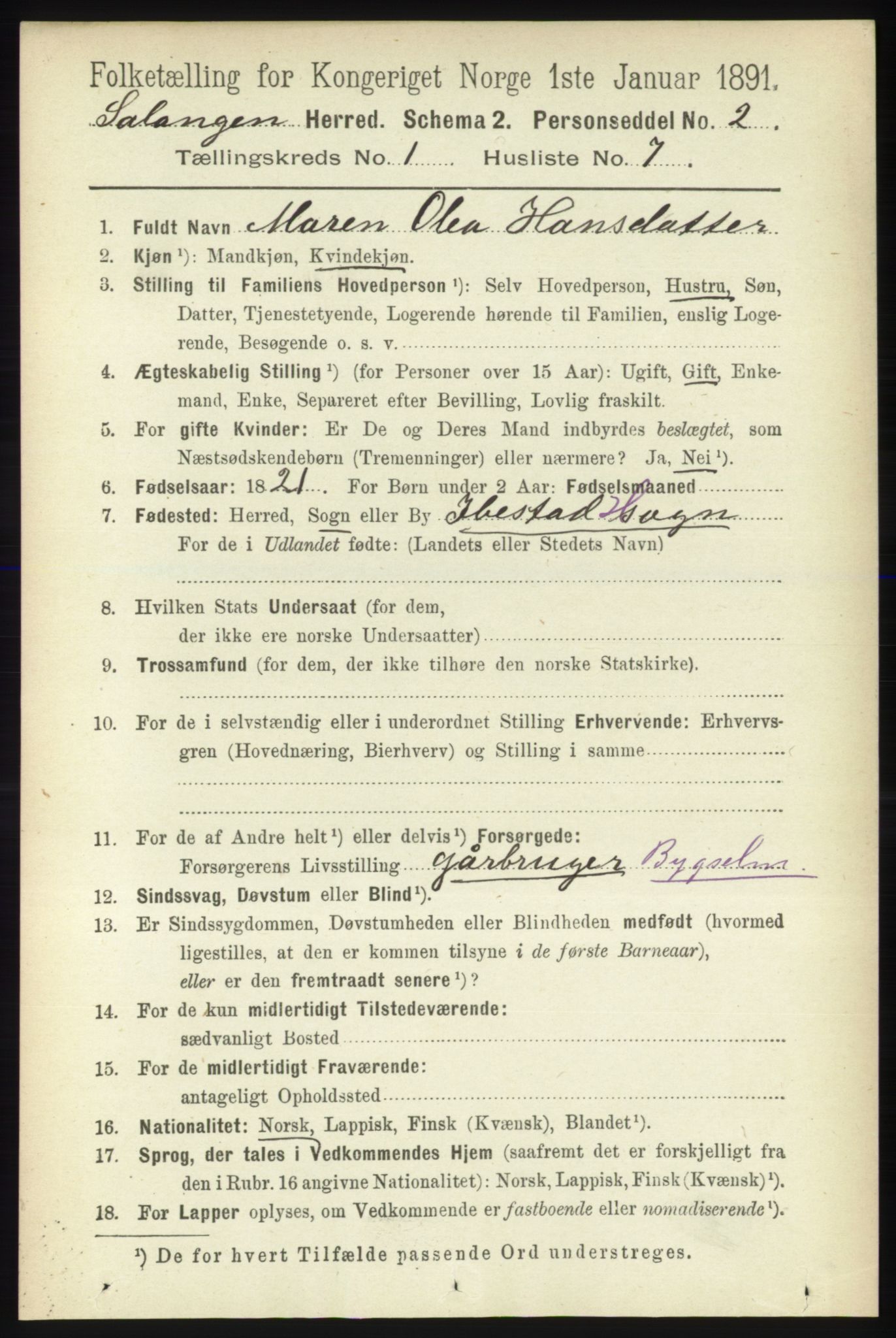 RA, 1891 census for 1921 Salangen, 1891, p. 108