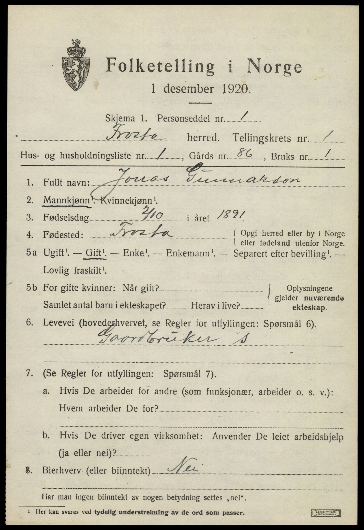 SAT, 1920 census for Frosta, 1920, p. 1018