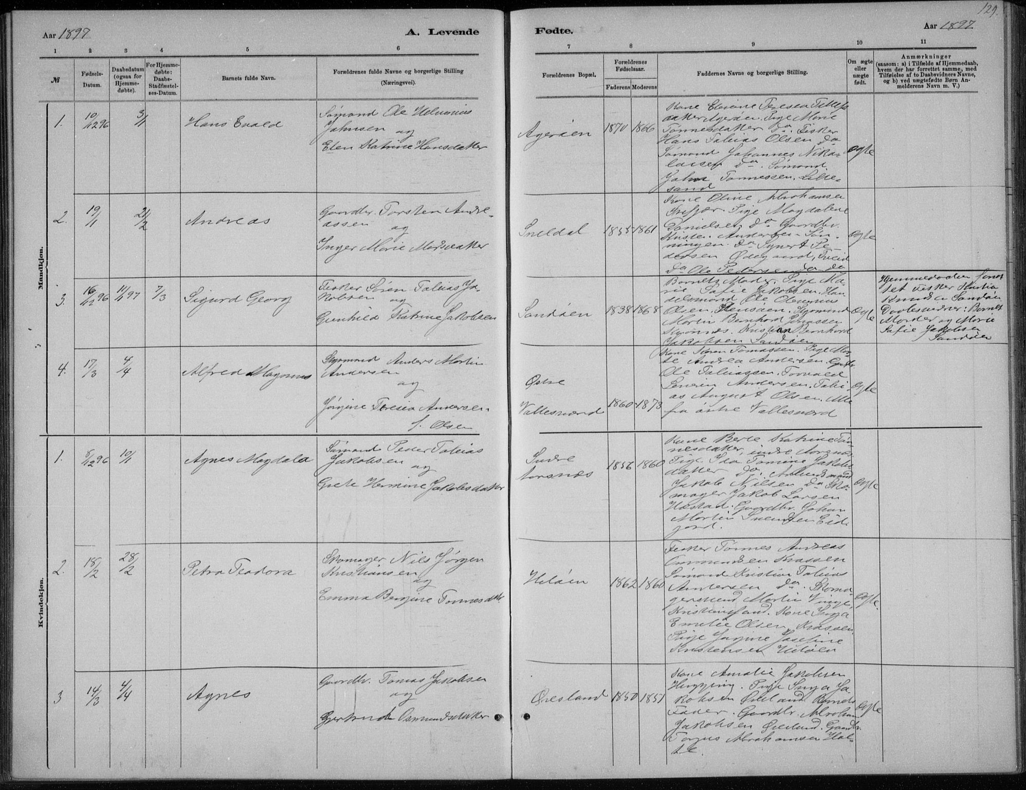 Høvåg sokneprestkontor, SAK/1111-0025/F/Fb/L0004: Parish register (copy) no. B 4, 1883-1898, p. 129