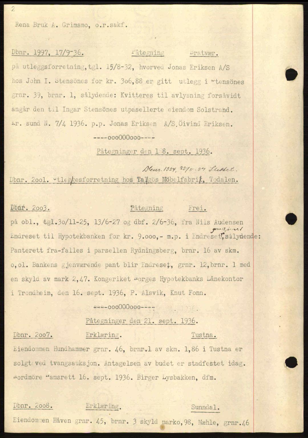 Nordmøre sorenskriveri, AV/SAT-A-4132/1/2/2Ca: Mortgage book no. C80, 1936-1939, Diary no: : 1997/1936