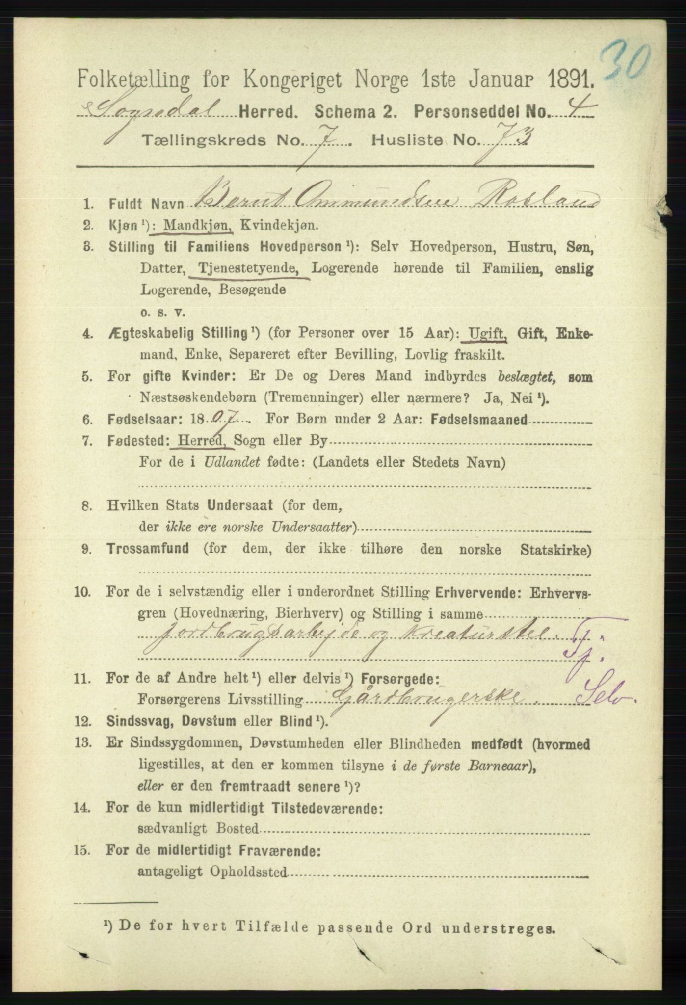 RA, 1891 census for 1111 Sokndal, 1891, p. 2582