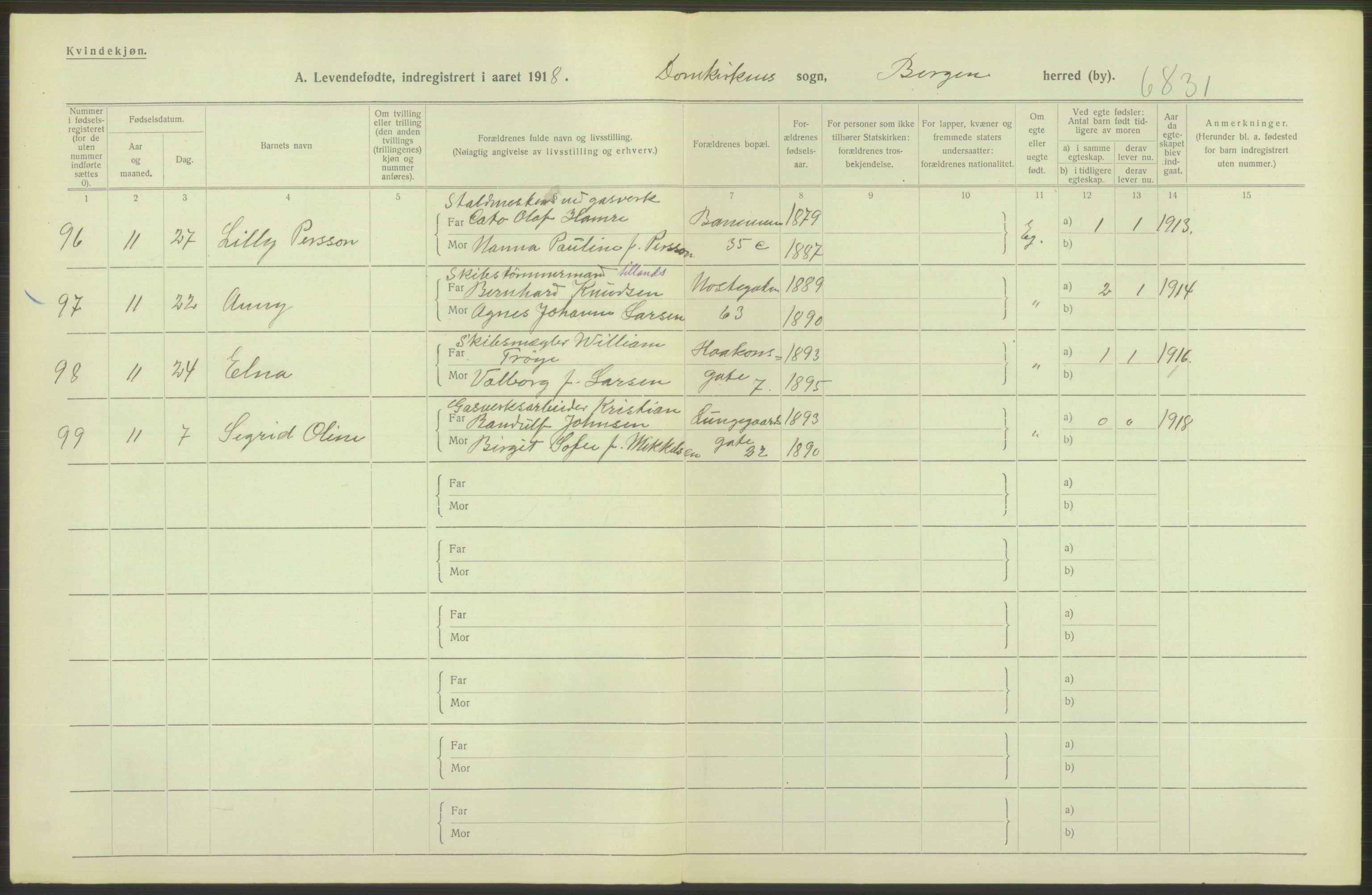 Statistisk sentralbyrå, Sosiodemografiske emner, Befolkning, AV/RA-S-2228/D/Df/Dfb/Dfbh/L0037: Bergen: Levendefødte menn og kvinner., 1918, p. 614