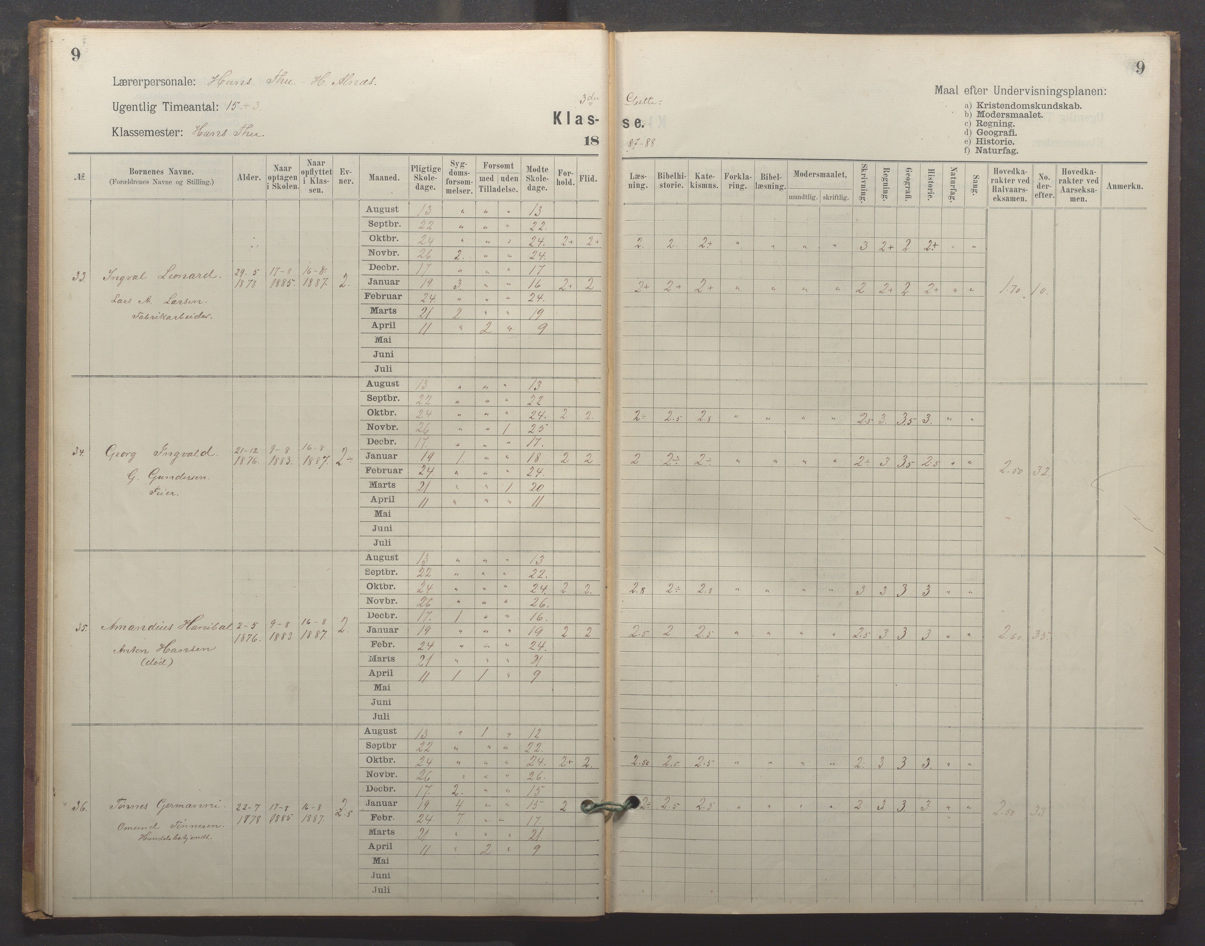 Egersund kommune (Ladested) - Egersund almueskole/folkeskole, IKAR/K-100521/H/L0024: Skoleprotokoll - Almueskolen, 3. klasse, 1887-1892, p. 9