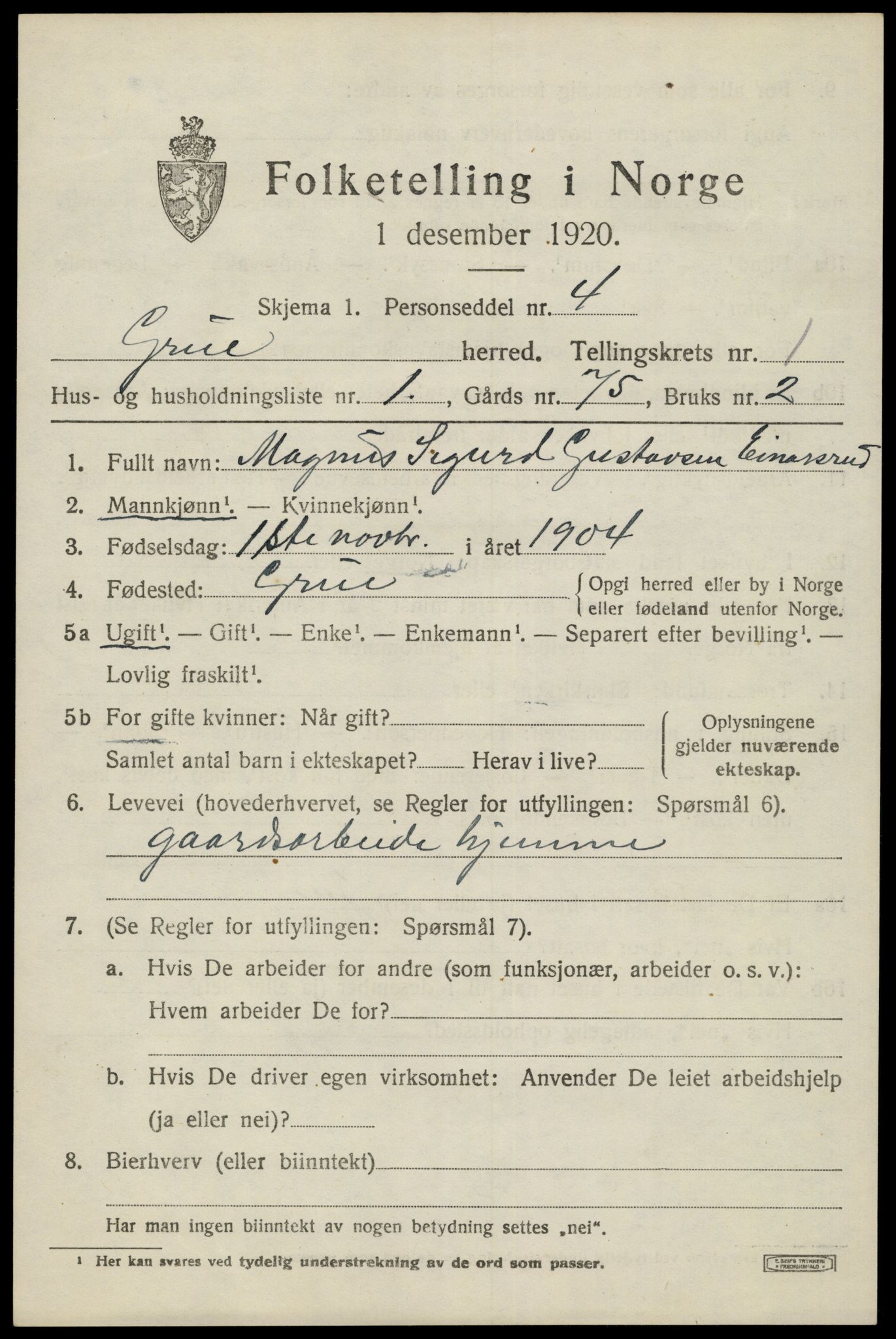 SAH, 1920 census for Grue, 1920, p. 2485